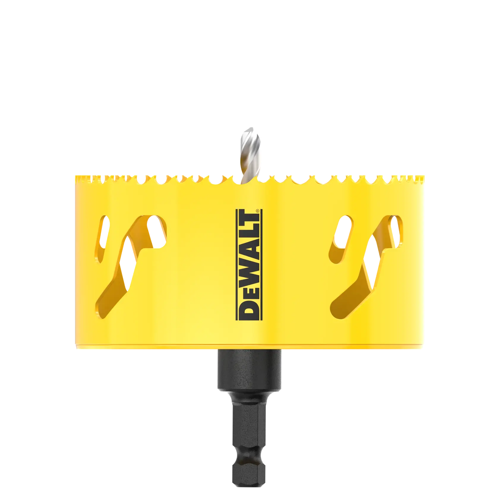 DEWALT yellow hole saw with central drill bit and hex shank, designed for cutting circular holes in materials.