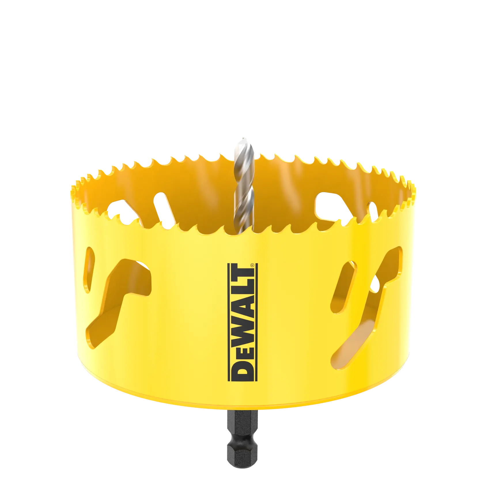 Yellow DEWALT hole saw with saw teeth and central drill bit, used for cutting circular holes in materials.
