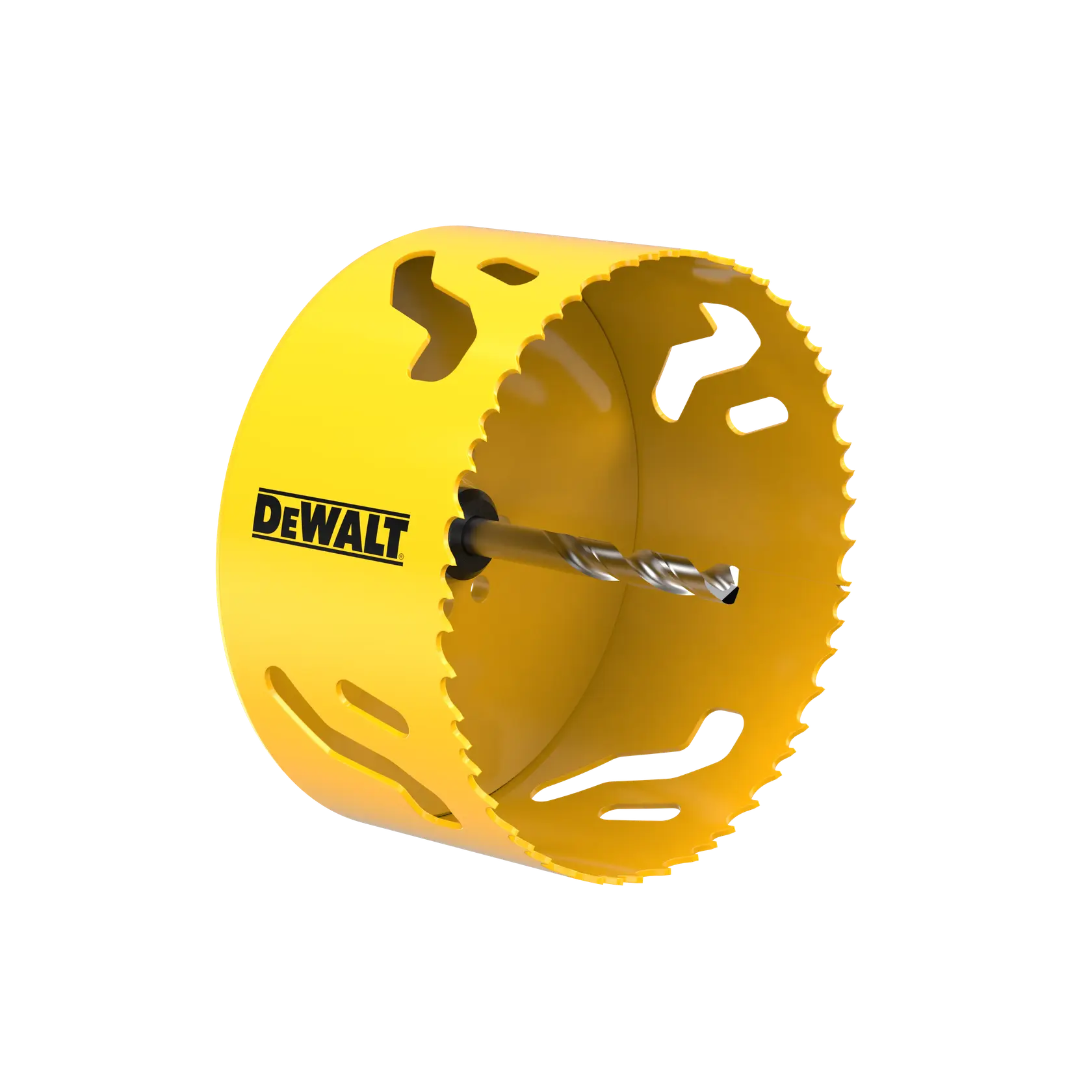 DEWALT yellow hole saw drill bit with jagged edge and logo, used for cutting round holes in materials.
