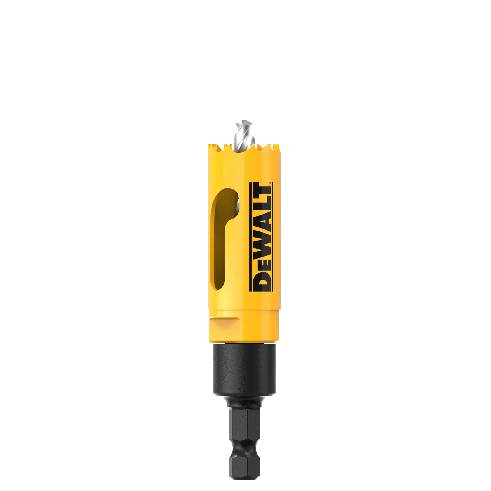 DEWALT yellow hole saw drill bit with hex shank, designed for cutting holes in various materials.
