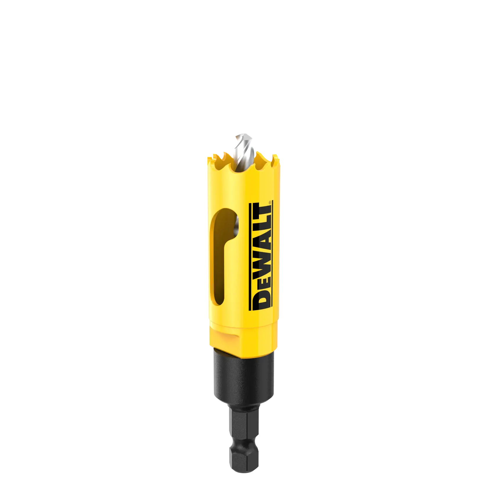 Yellow DEWALT hole saw drill bit with black shank, designed for cutting holes in various materials.
