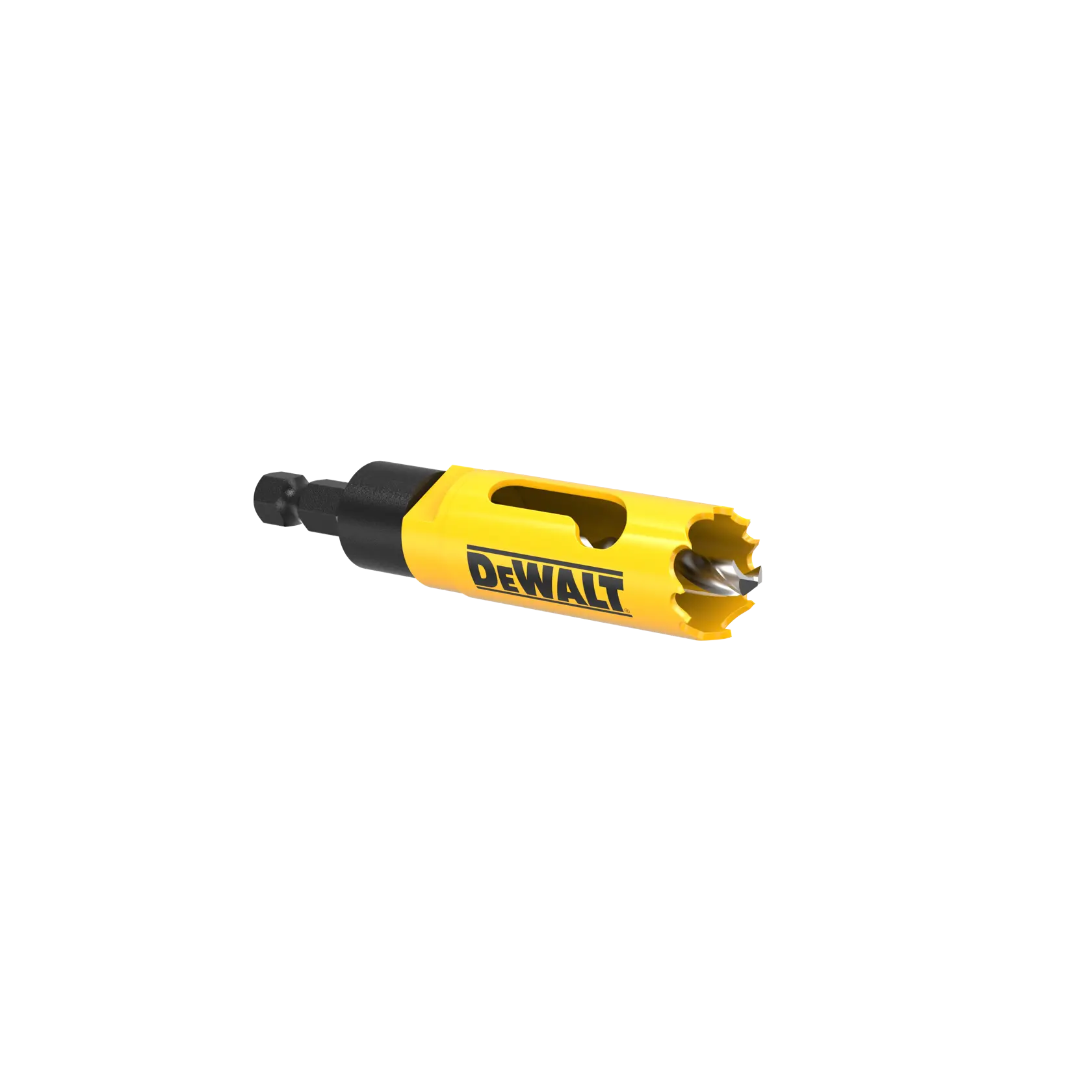 DEWALT yellow and black hole saw drill bit with hex shank, designed for cutting through materials.
