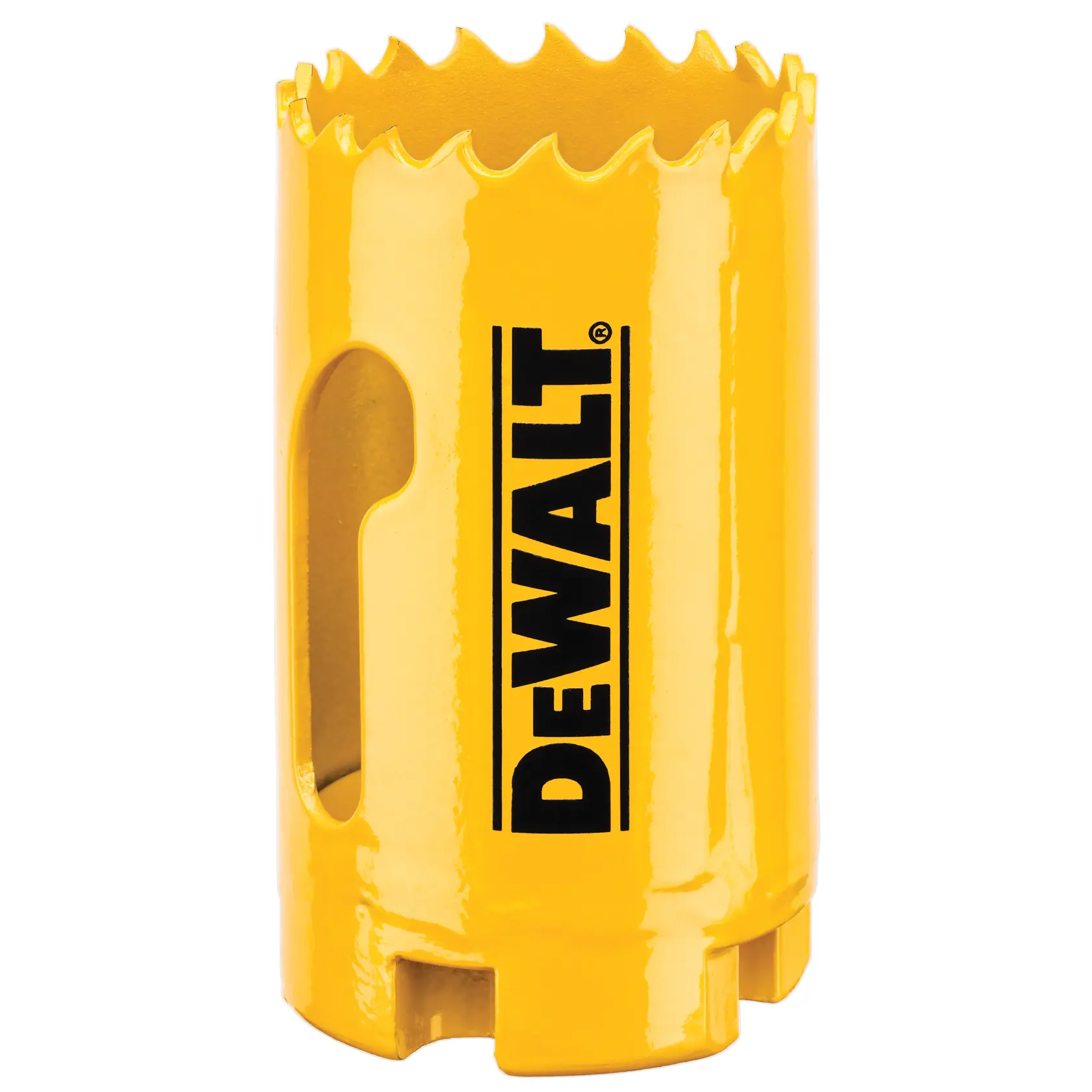 A yellow DEWALT hole saw for drilling, featuring sharp teeth and a vertical logo on the side.
