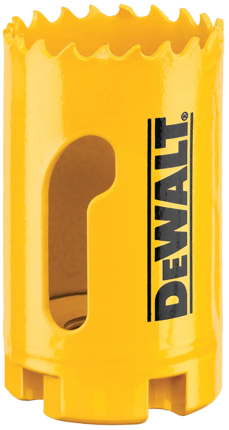 Close-up image of a yellow DEWALT hole saw, featuring sharp teeth on the top edge and the DEWALT logo printed vertically on the side.