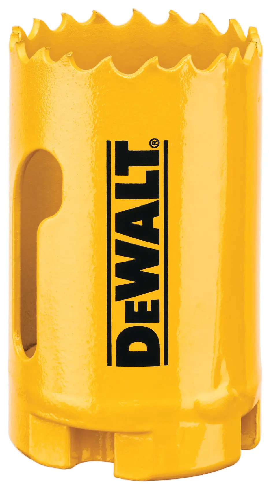 A yellow DEWALT hole saw drill accessory with jagged teeth and the DEWALT logo printed vertically on the side.