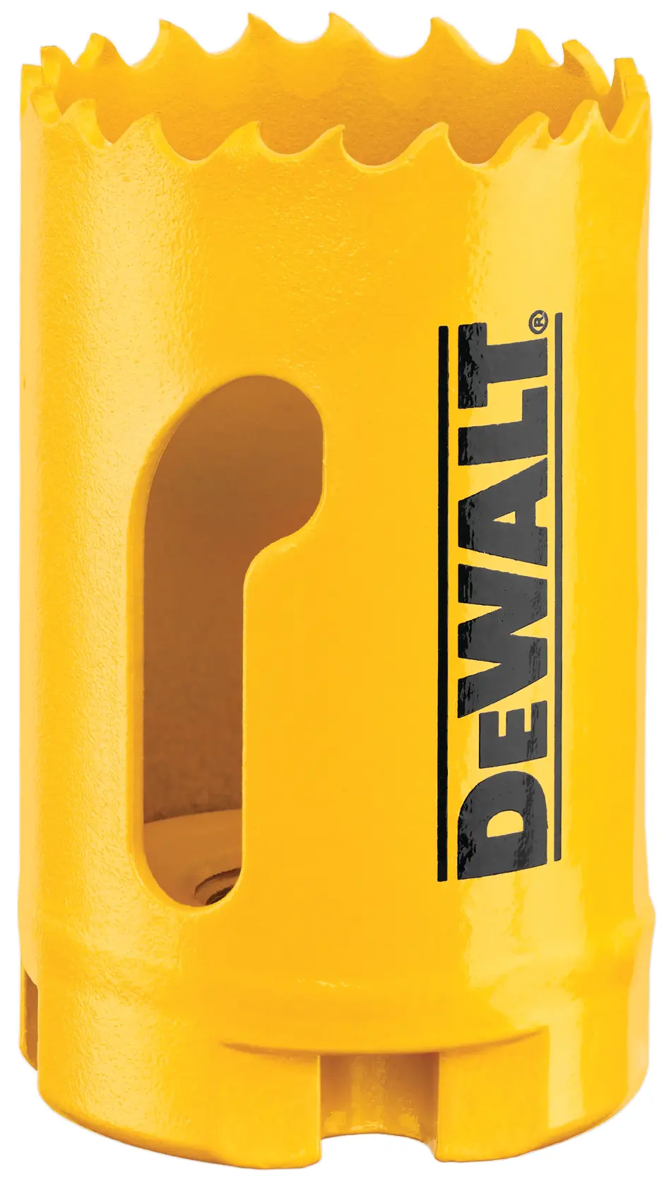 A close-up image of a yellow DEWALT hole saw drill bit with serrated edges, designed for cutting holes in various materials. The DEWALT logo is printed vertically on the side.