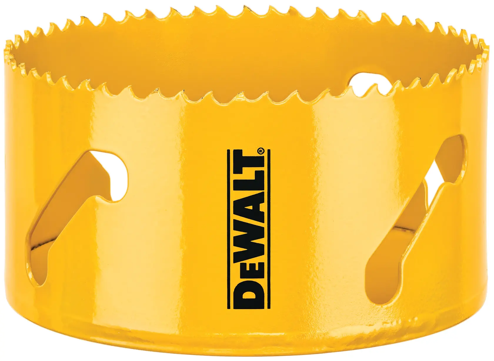 A close-up image of a yellow DEWALT hole saw, featuring sharp teeth around its circular edge and the DEWALT logo printed on the side.
