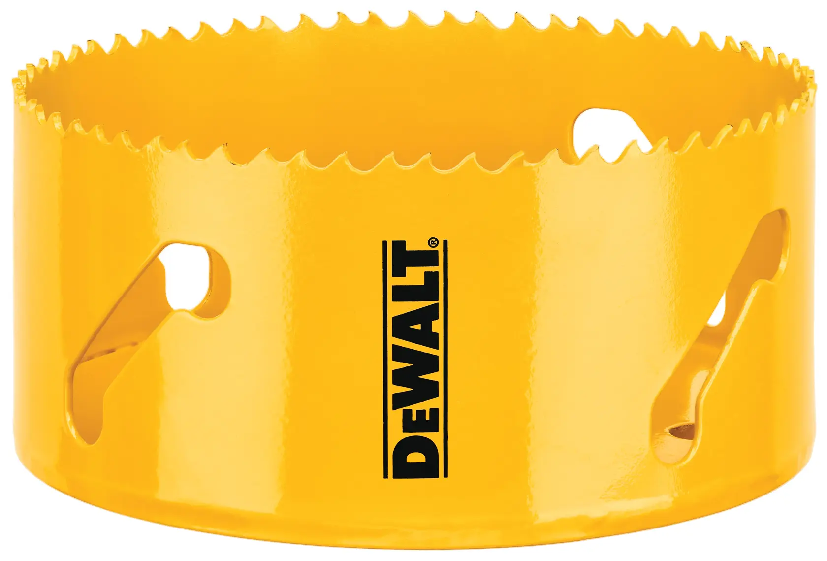 A close-up image of a yellow DEWALT hole saw with sharp teeth for cutting, featuring the DEWALT logo printed on the side.