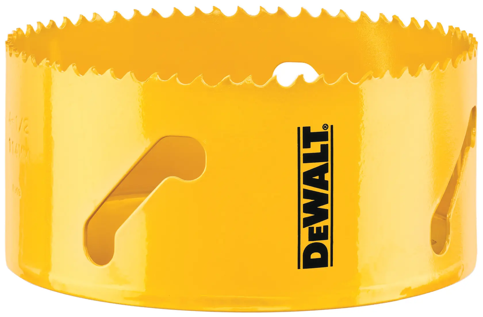 Close-up image of a yellow DEWALT hole saw with sharp serrated edges, used in power tools for cutting circular holes in various materials.
