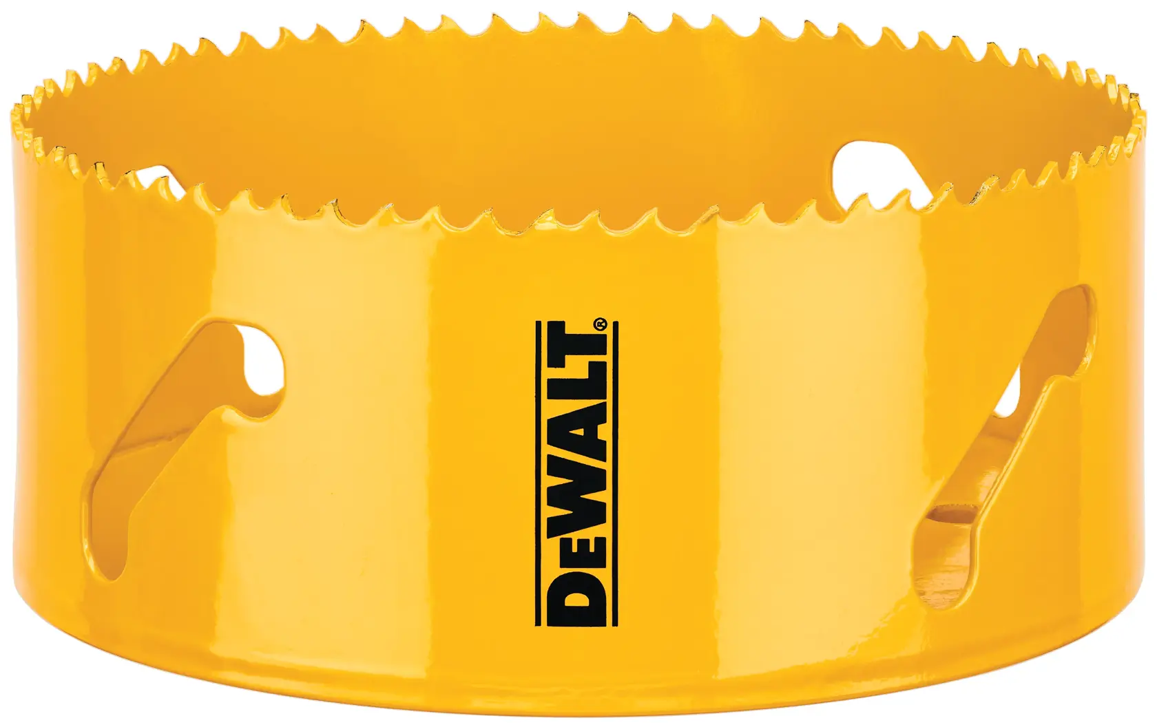 A yellow DEWALT hole saw with sharp teeth and multiple slots, used for cutting holes in materials such as wood or metal.