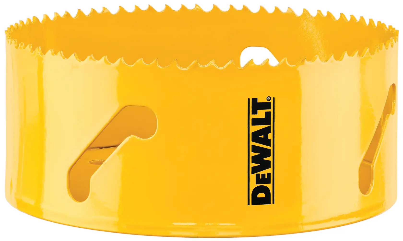 Close-up image of a yellow DEWALT hole saw, a circular cutting tool with jagged teeth around its edge and a DEWALT logo printed on the side.
