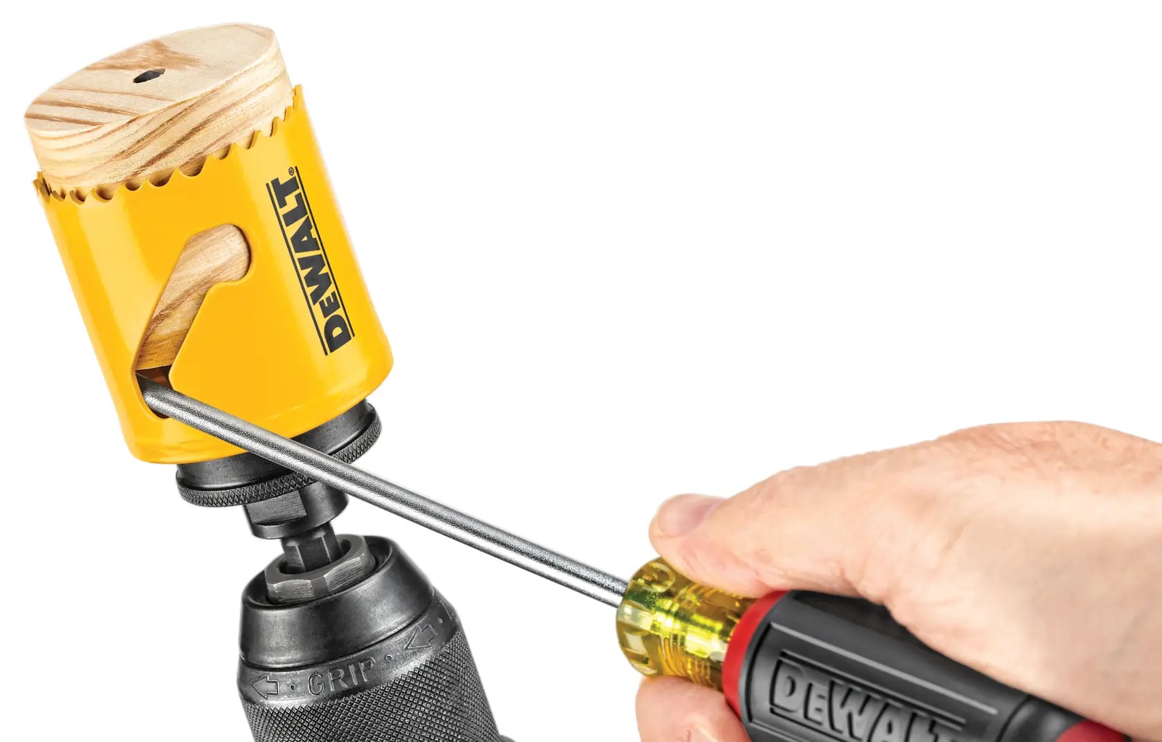 DEWALT bi metal hole saw being used by a person.