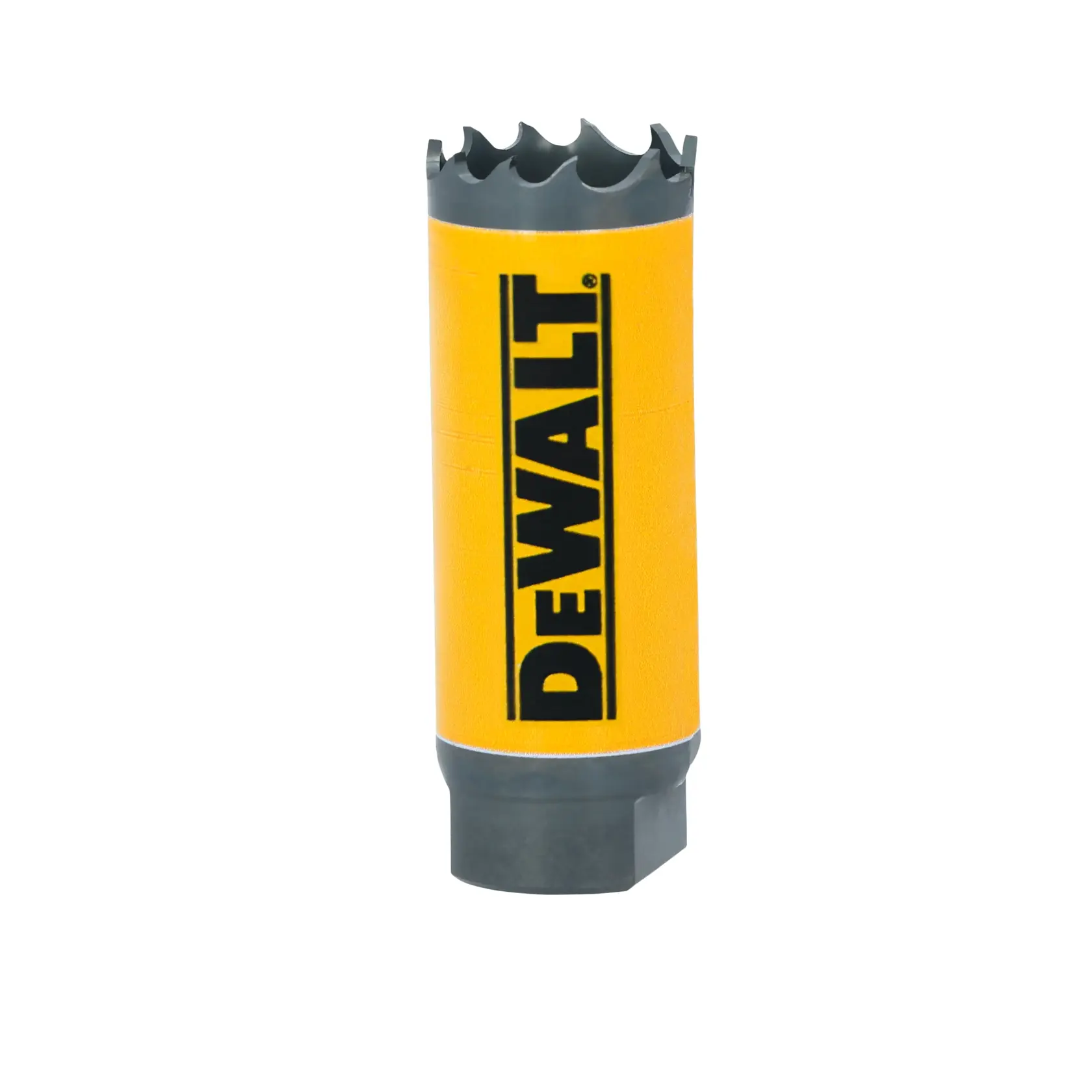 DEWALT yellow carbide-tipped hole saw for drilling or cutting circular holes in materials.