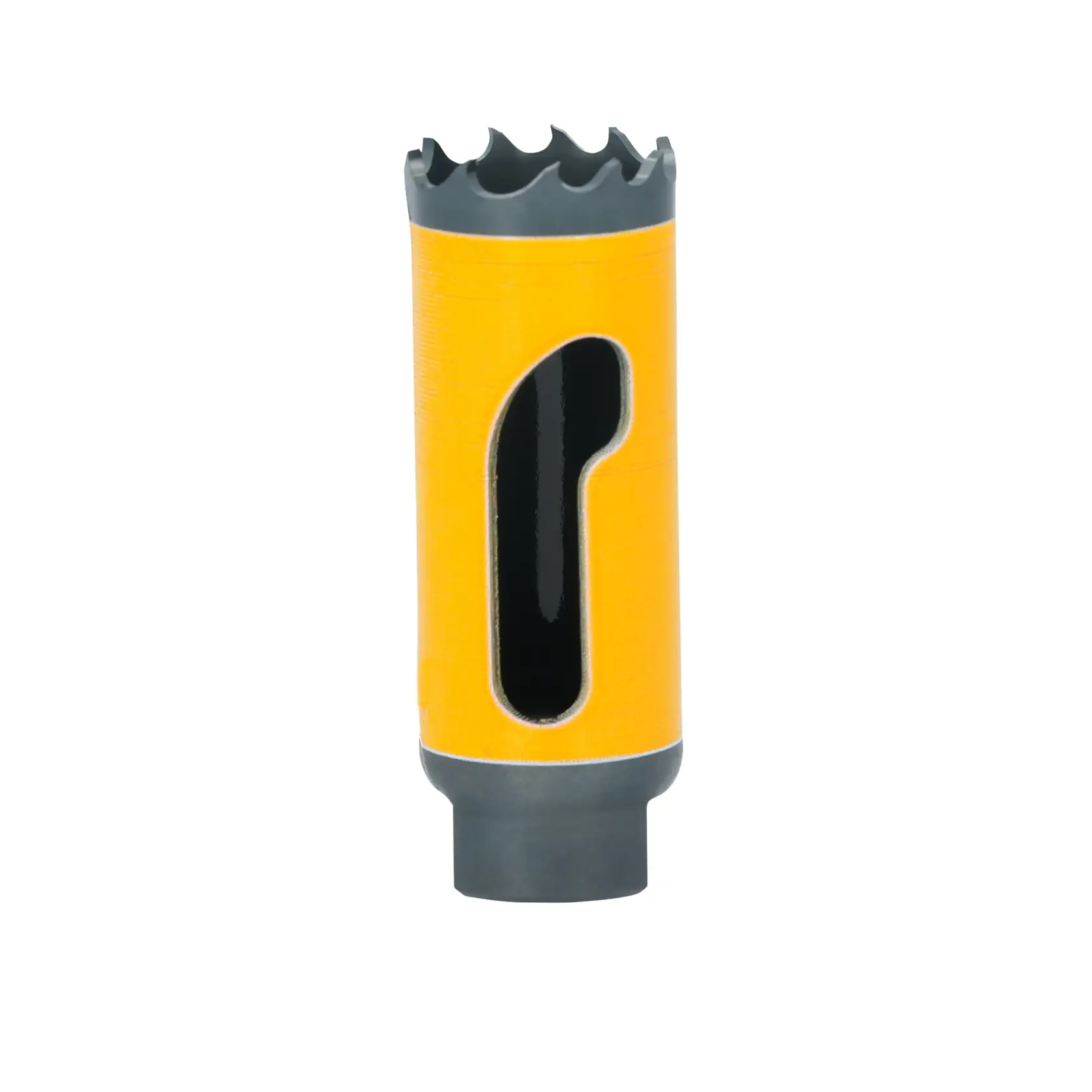 A close-up image of a yellow and black DEWALT hole saw with sharp teeth along the top edge and an elongated side opening for debris removal.