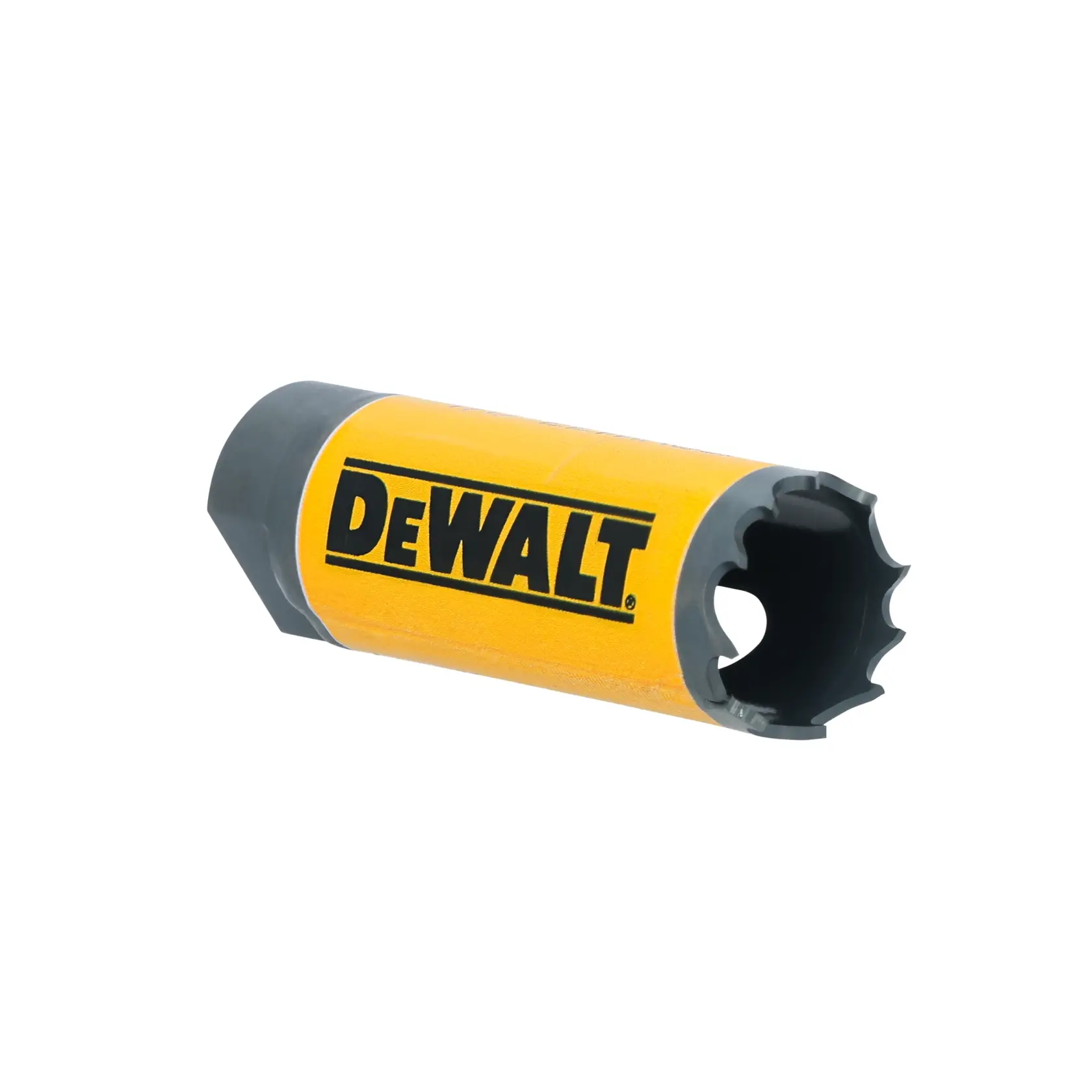A DEWALT branded cylindrical hole saw attachment with a yellow body and black cutting edge, used for drilling holes in materials.