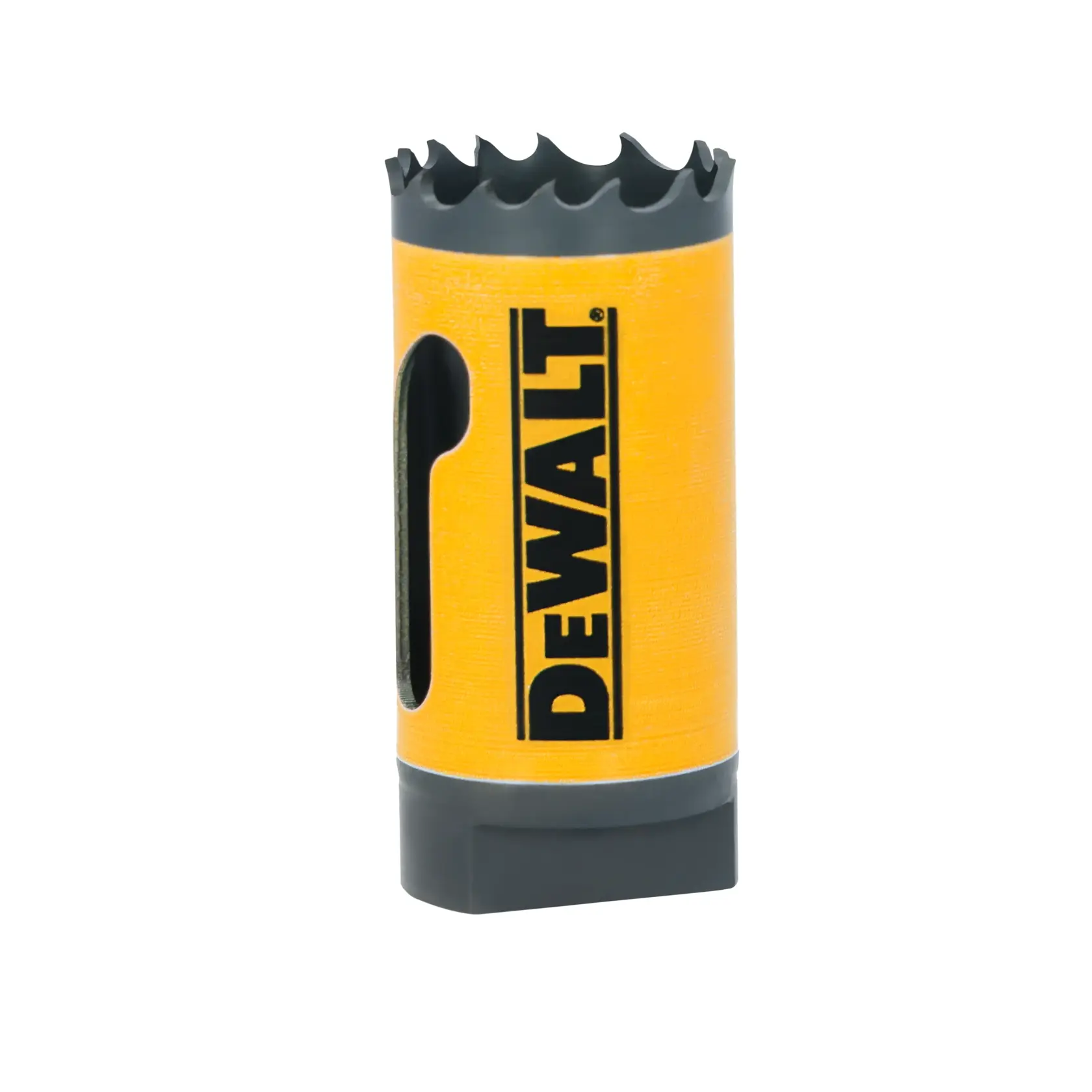 A yellow DEWALT hole saw with sharp teeth and side openings, used for cutting holes in materials.