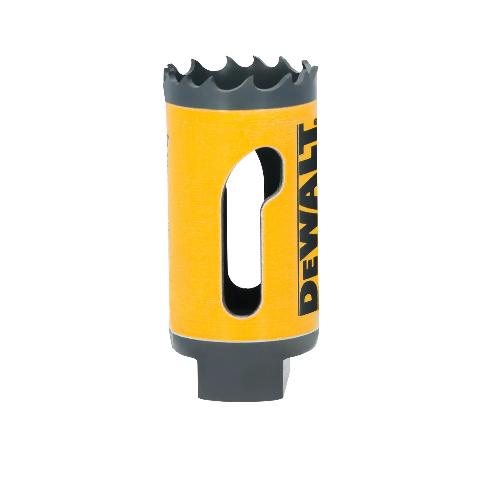 DEWALT hole saw with a yellow and black body, featuring sharp teeth at the top for cutting, and an open slot on the side for easy material removal.