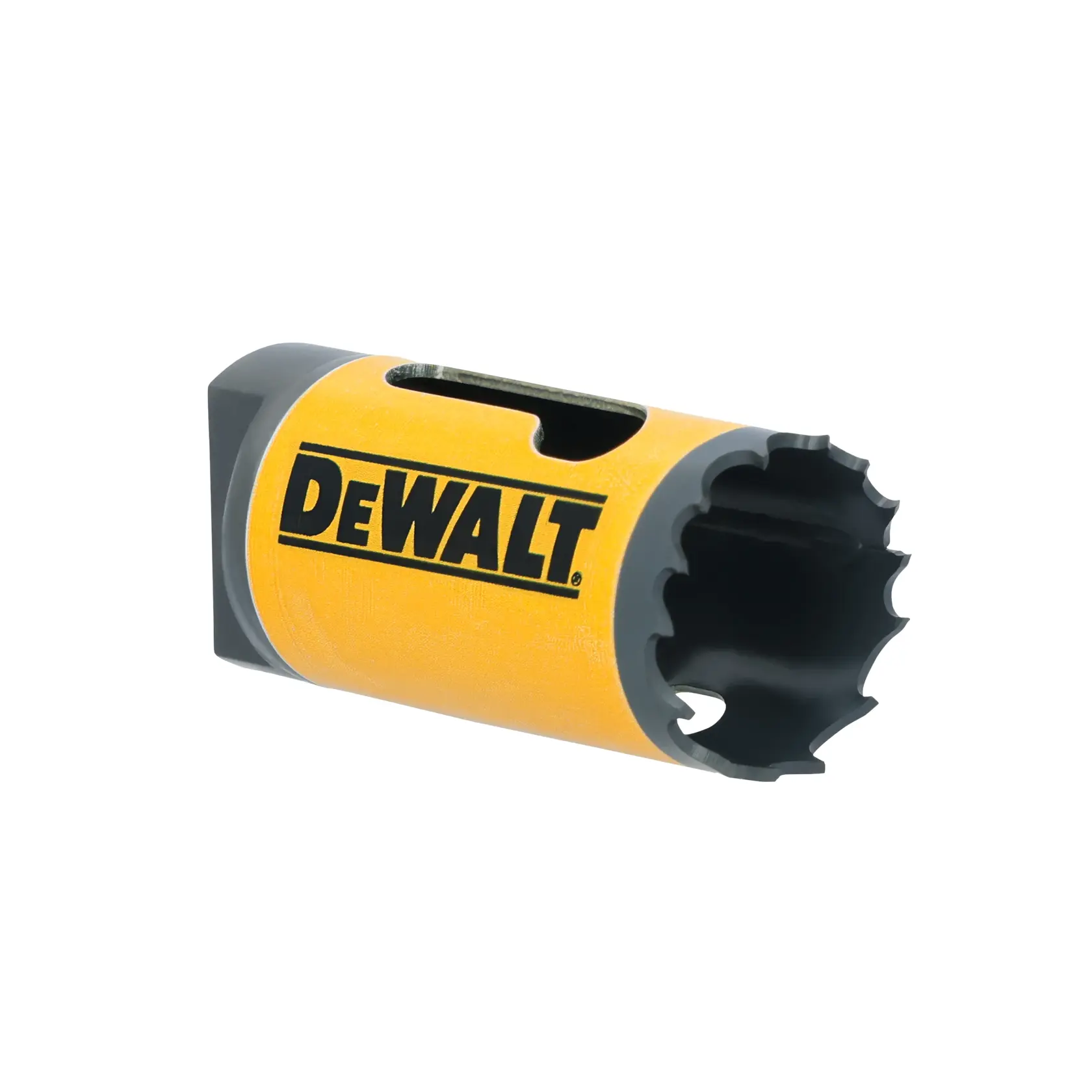 A DEWALT branded hole saw, featuring a cylindrical yellow metal body with jagged cutting teeth on one end. The DEWALT logo is prominently displayed on the side.