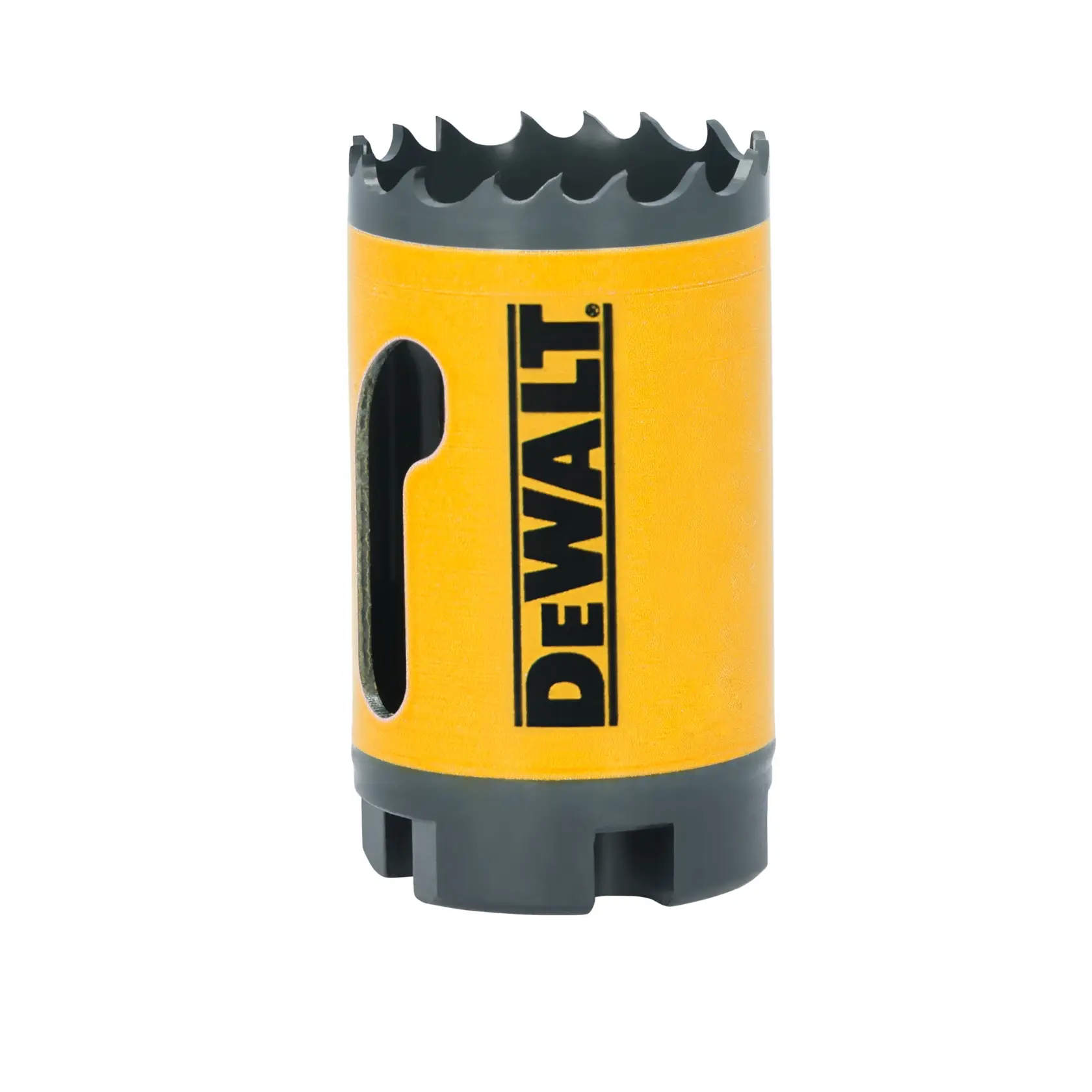 DEWALT yellow hole saw with black teeth, used for cutting holes in various materials.