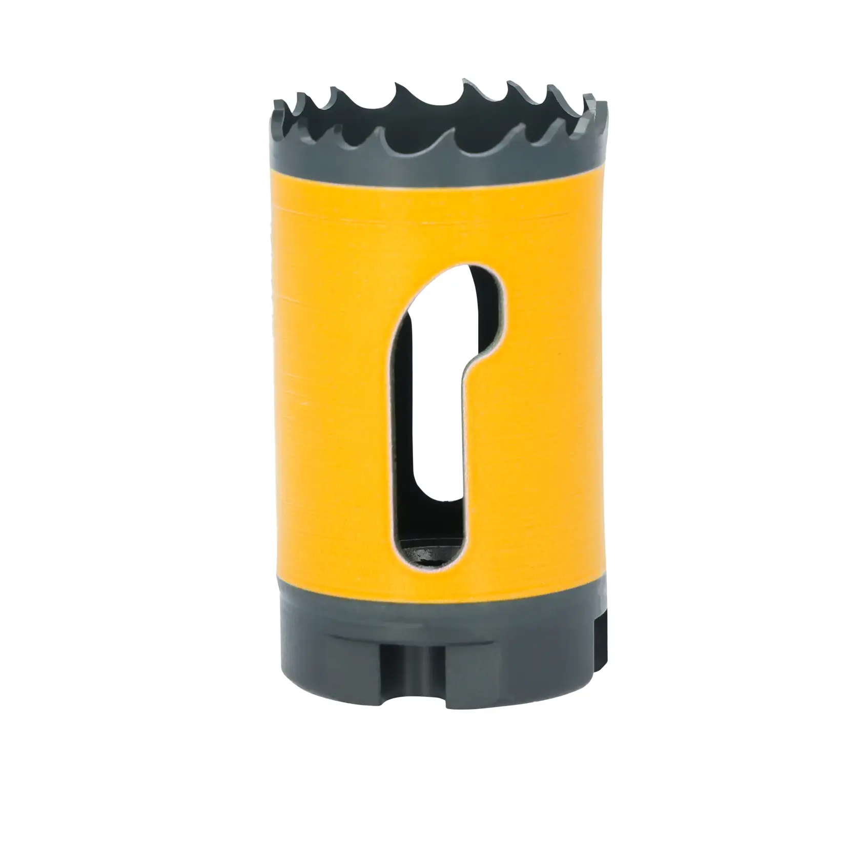A yellow and black cylindrical hole saw drill bit with jagged teeth at the top, used for cutting holes in various materials.
