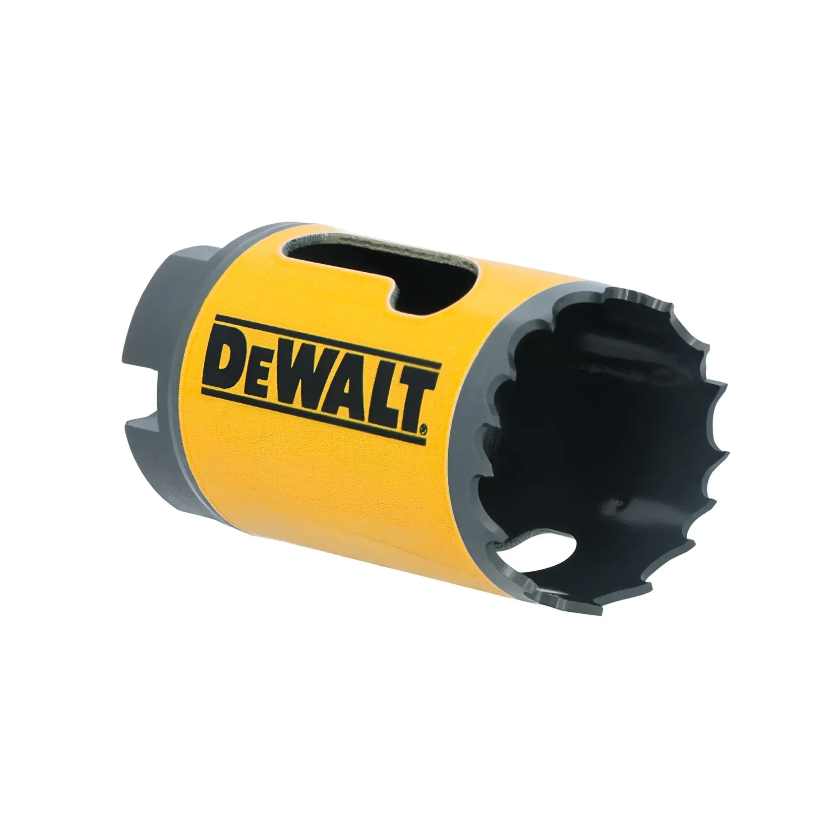 A DEWALT branded yellow and black hole saw with jagged cutting teeth, used for drilling large holes in materials.