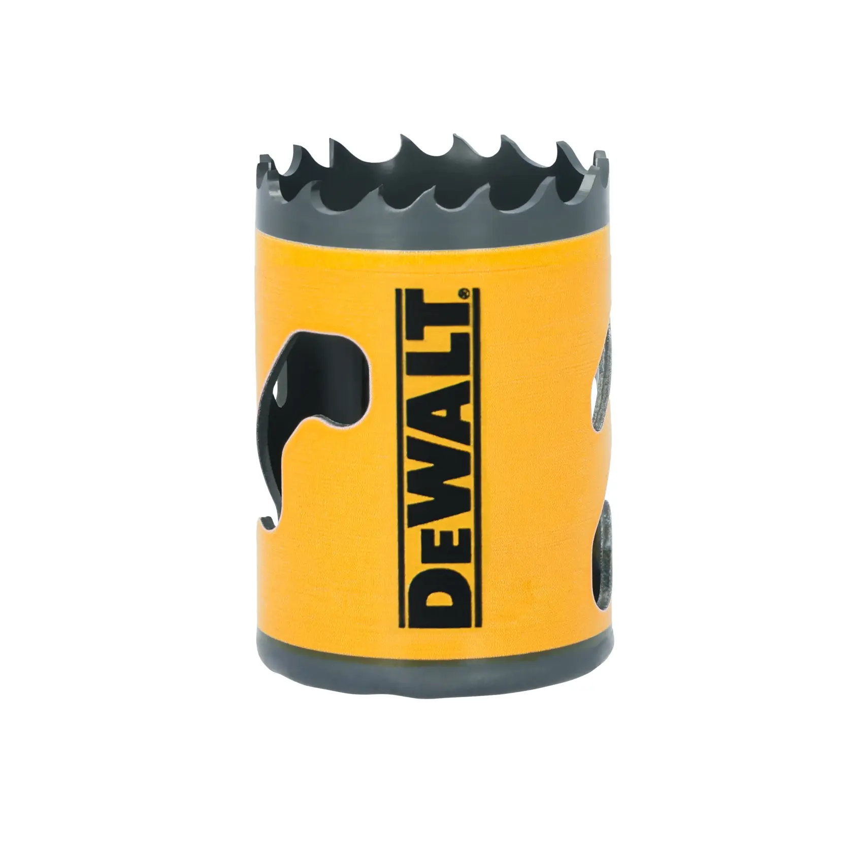 A DEWALT branded yellow hole saw with sharp teeth and side openings, designed for cutting circular holes in various materials.