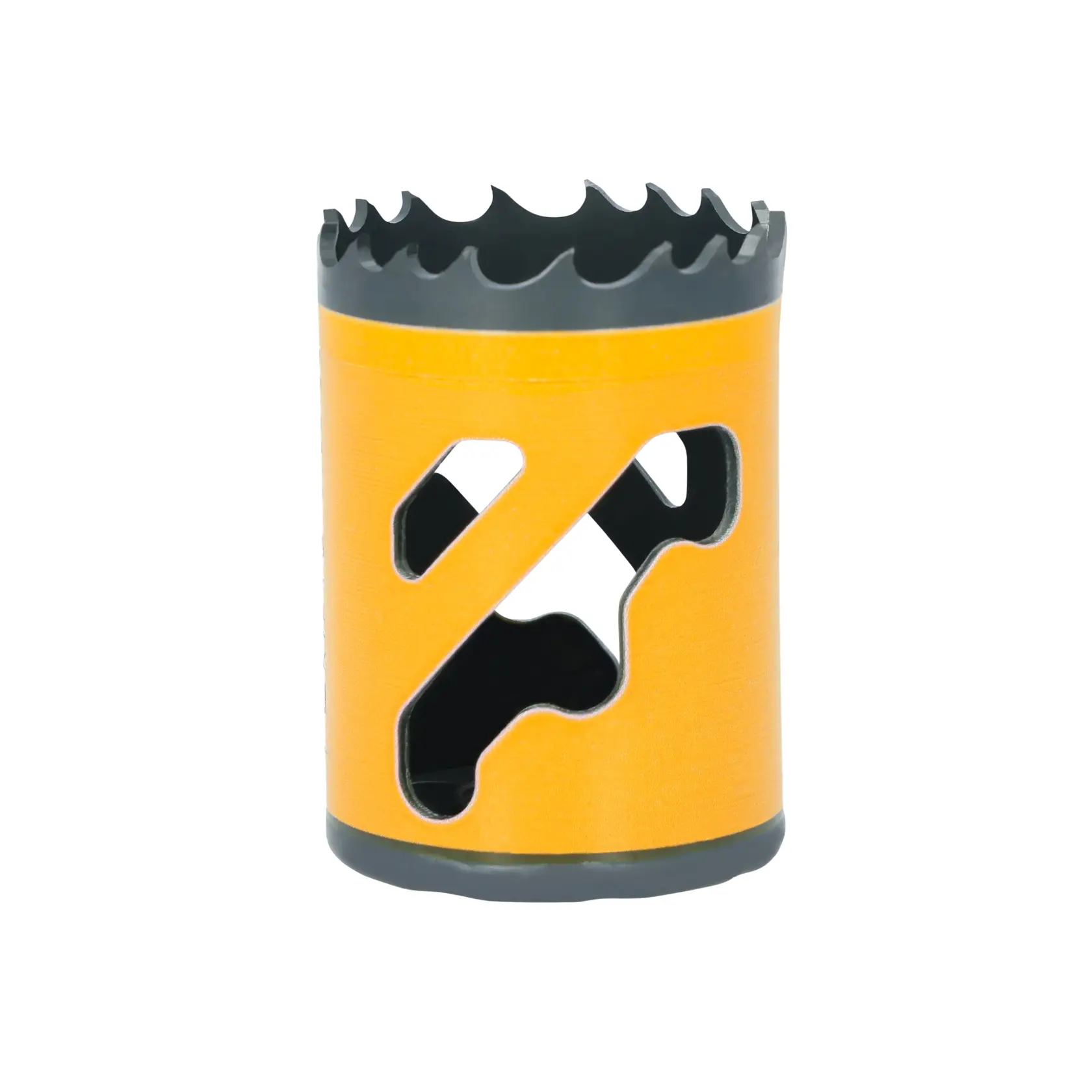 A yellow and black cylindrical hole saw blade with jagged cutting teeth, designed for use with power tools to cut circular holes in various materials. The tool features large openings on the side for easy removal of cut material.