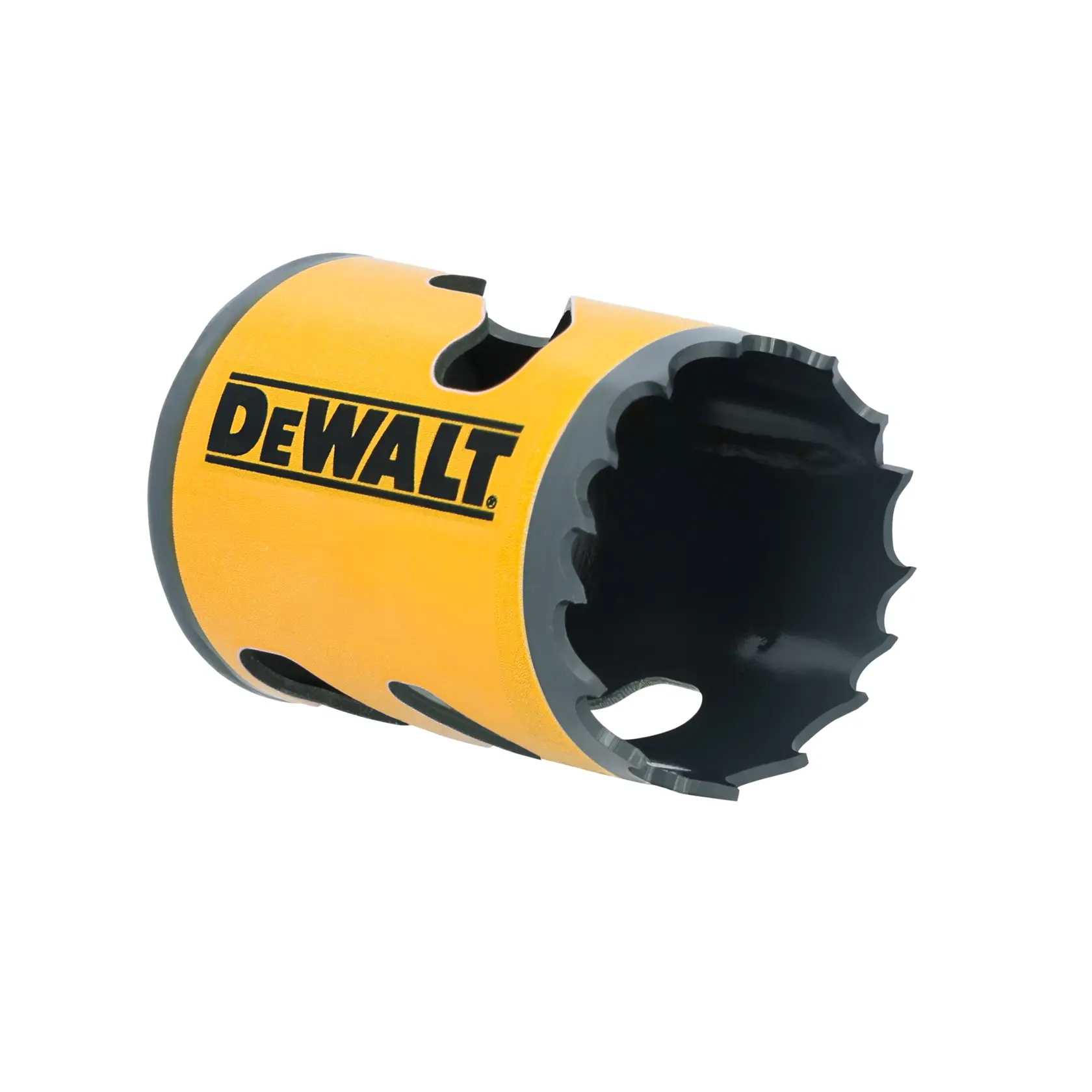 A yellow DEWALT hole saw with sharp jagged edges, used for cutting holes in various materials.