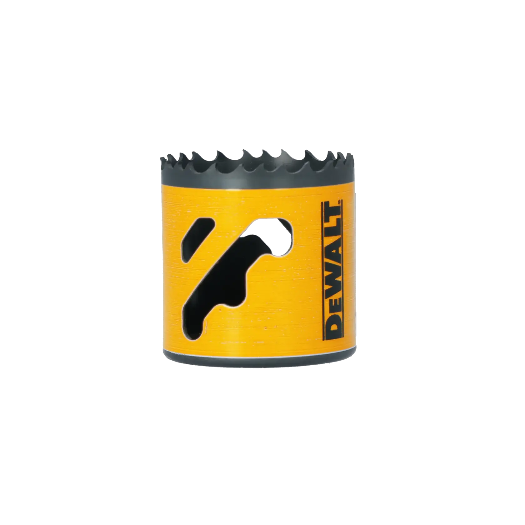A DeWalt bi-metal hole saw with a yellow cylindrical body and sharp teeth at the top, designed for cutting holes in materials.