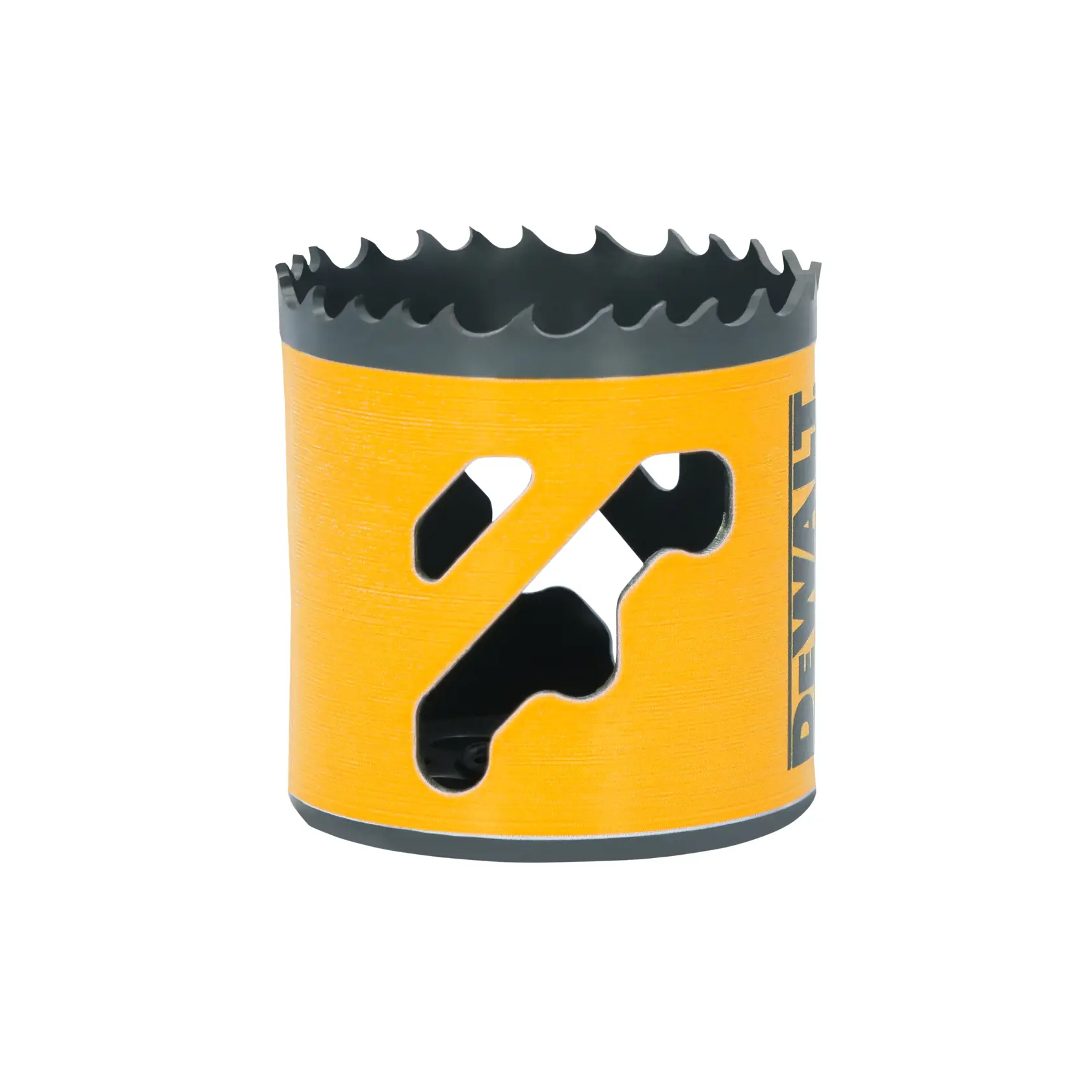 A DEWALT hole saw with a yellow and black design, featuring sharp teeth around the edge for cutting and openings on the side of the cylindrical body.