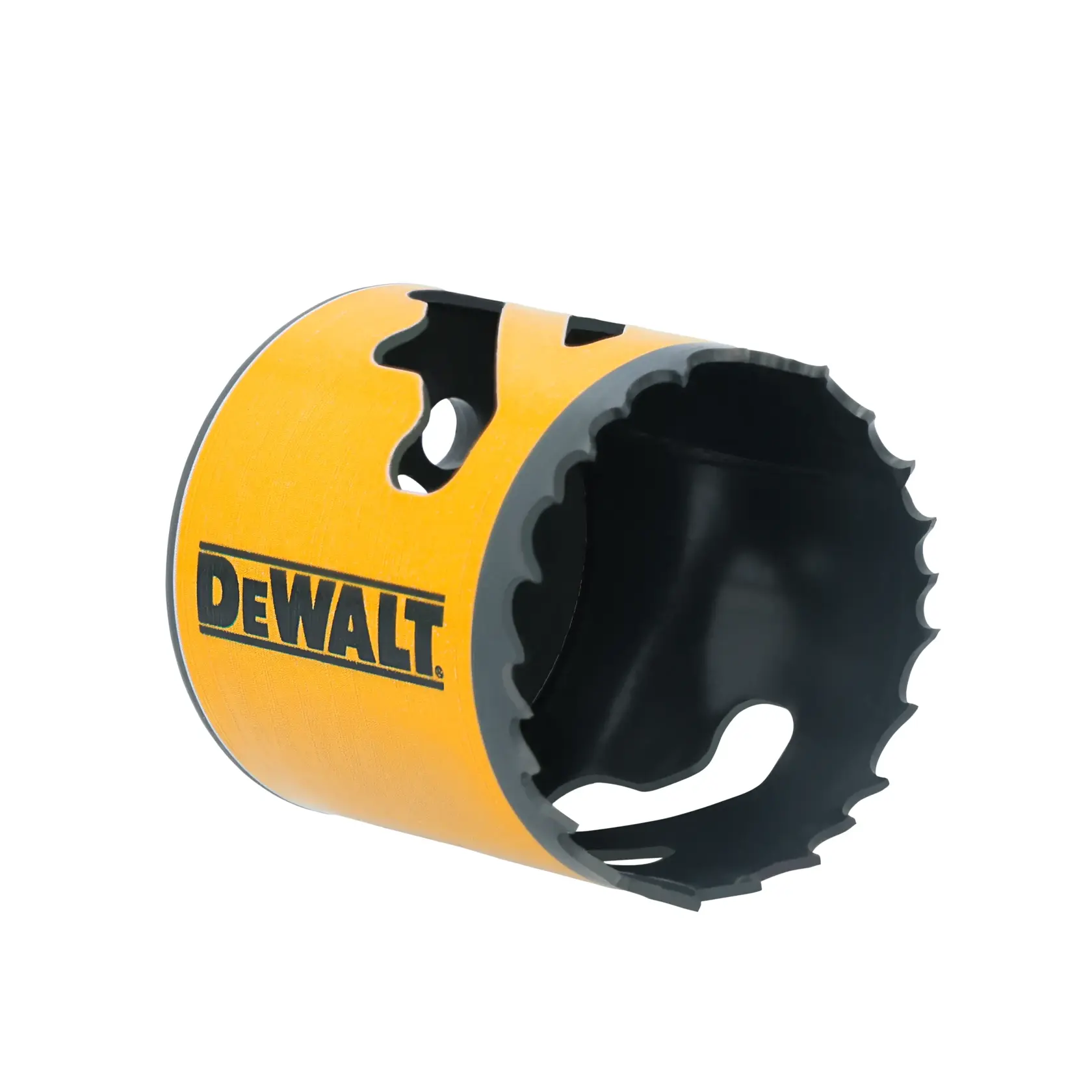A DEWALT branded yellow and black hole saw drill bit, designed for cutting precise holes in materials.