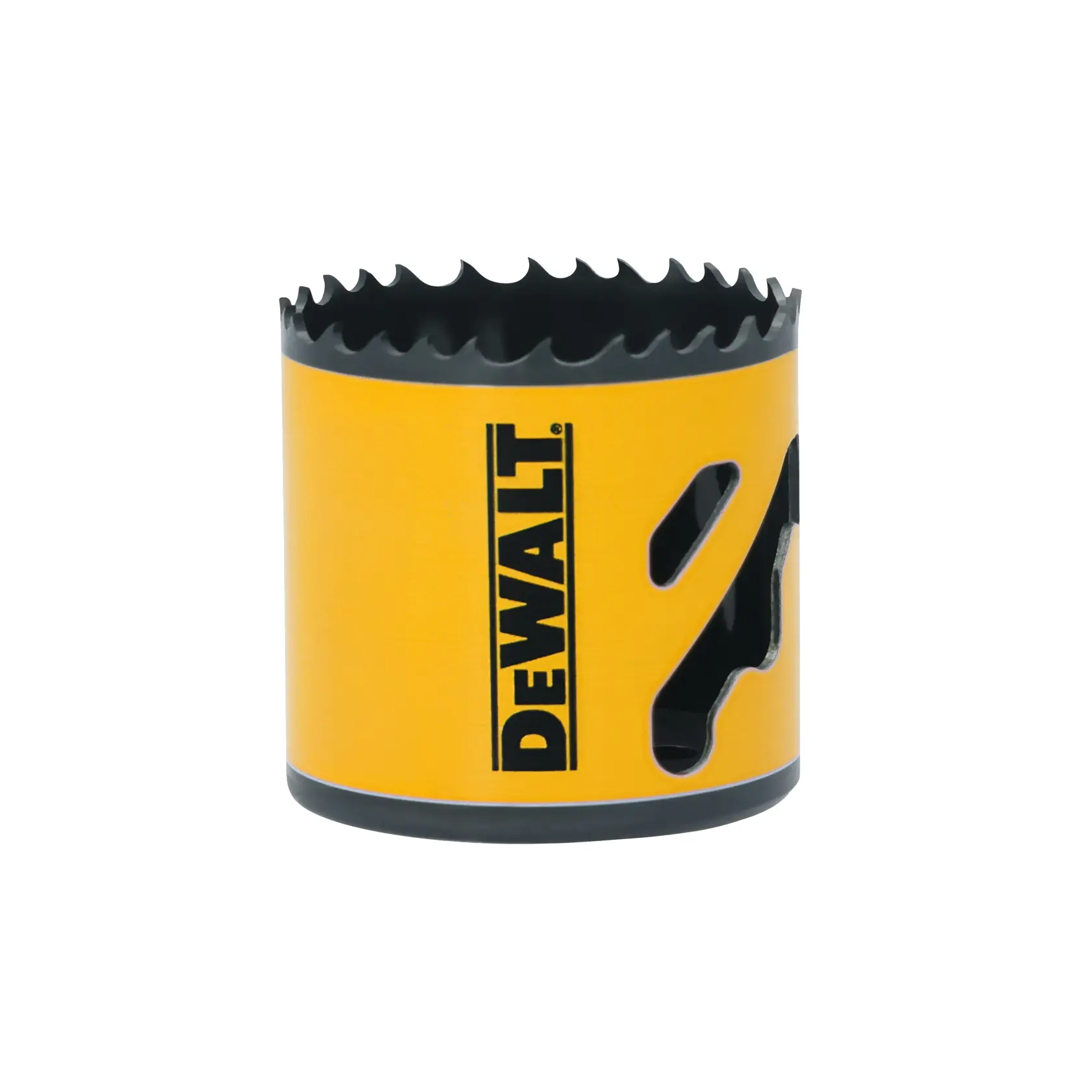 DEWALT yellow and black bi-metal hole saw with sharp teeth, used for cutting precise holes in materials such as wood or metal.