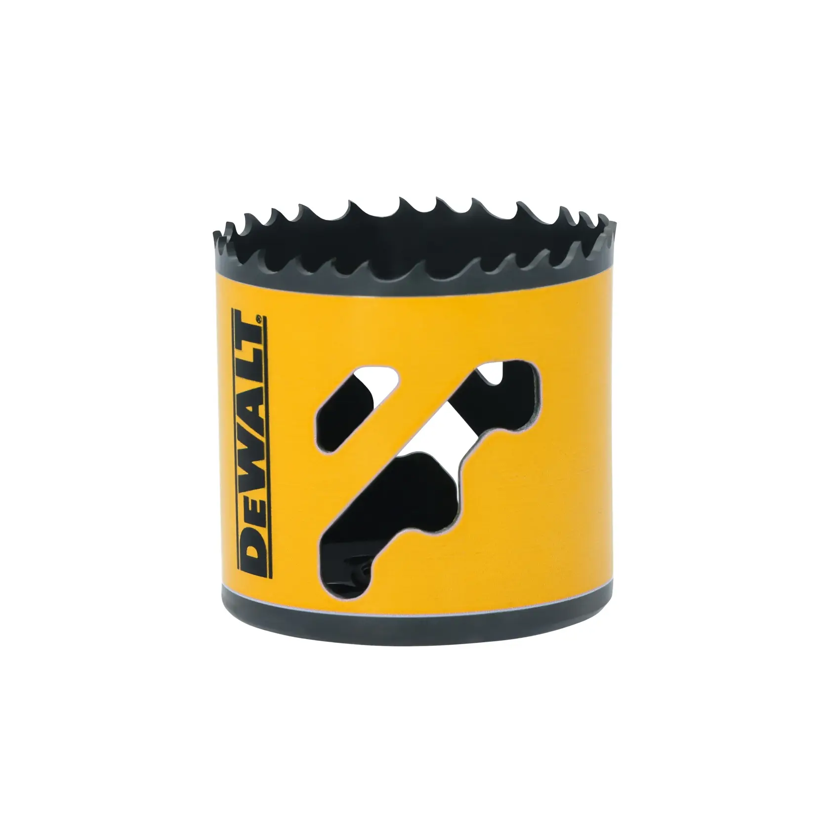 A DEWALT-branded yellow hole saw with black cutting edges and openings in its cylindrical body. The hole saw is used for drilling large holes in materials like wood or metal.