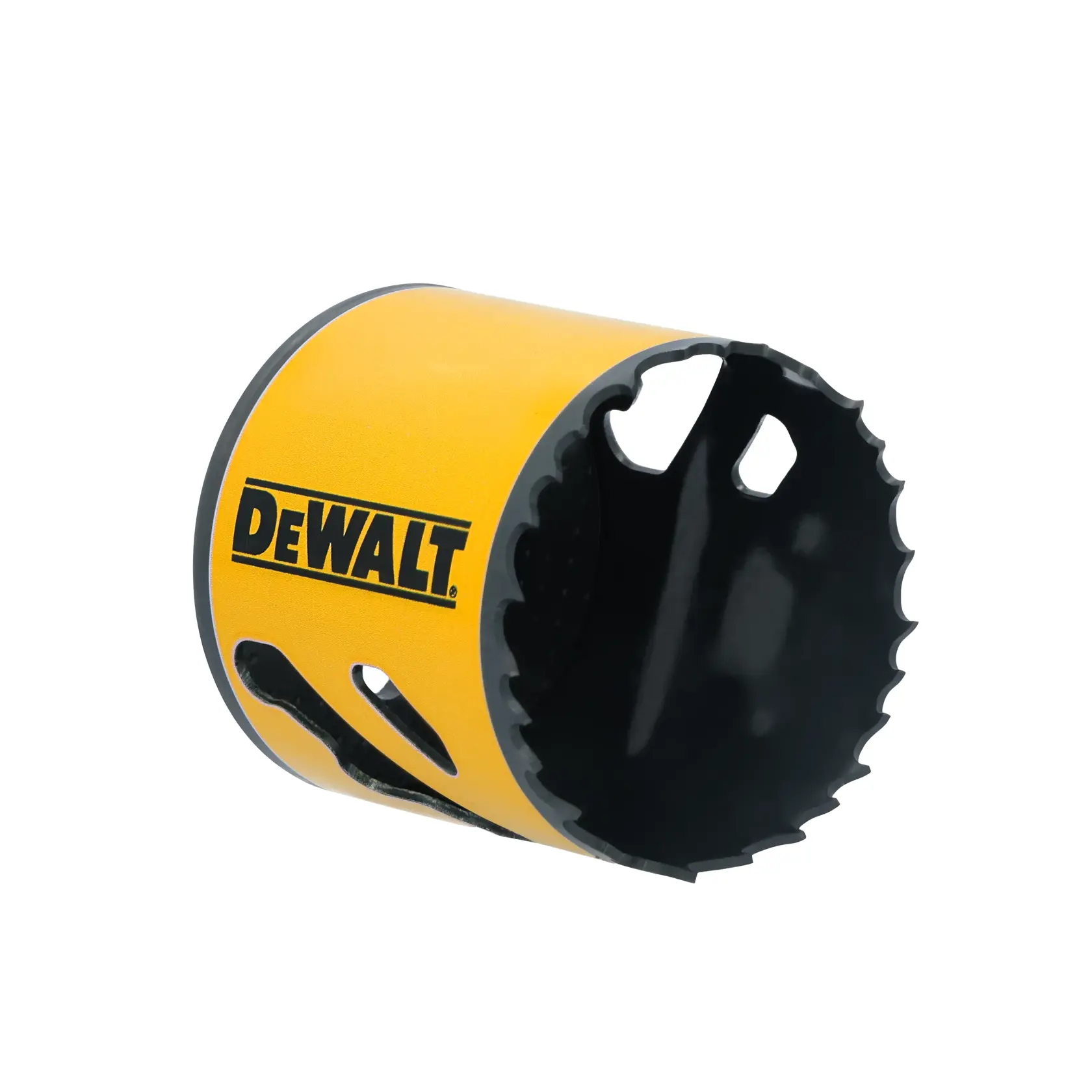 A DEWALT branded yellow and black hole saw drill bit with jagged cutting edges, designed for making circular holes in materials.