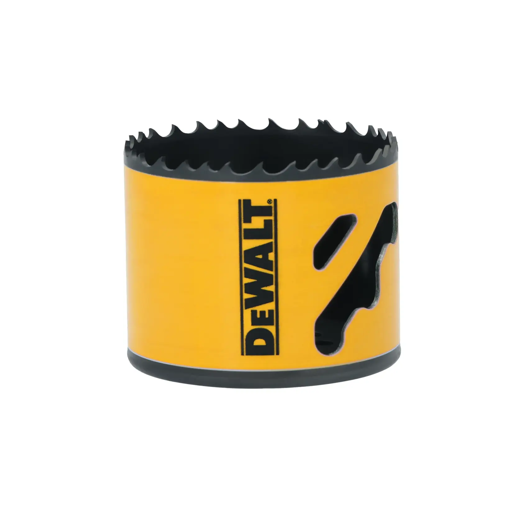 A DEWALT yellow hole saw with serrated cutting edges, used for drilling large circular holes in materials such as wood, metal, or plastic.