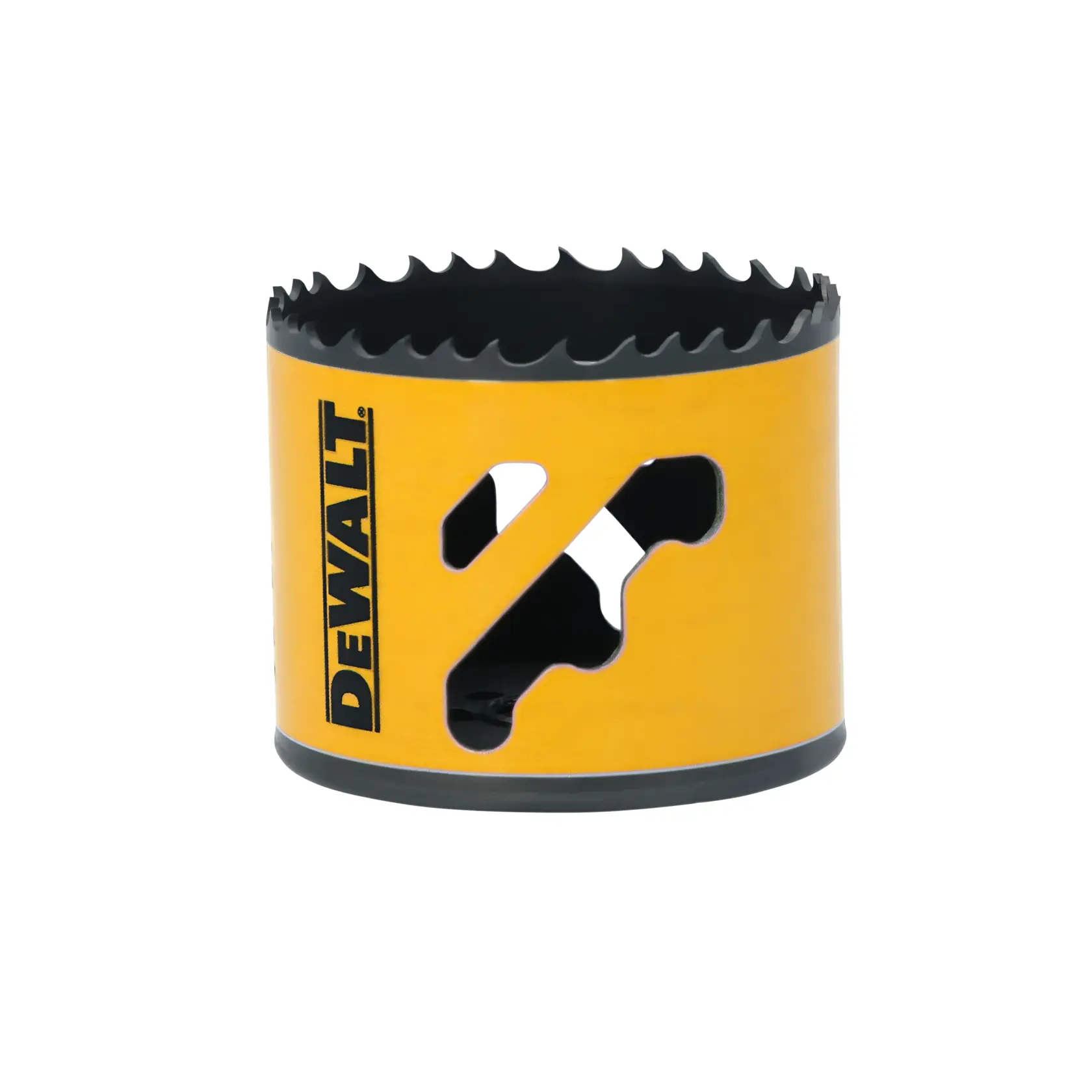 DEWALT yellow hole saw with sharp teeth and side openings, used for cutting holes in materials.