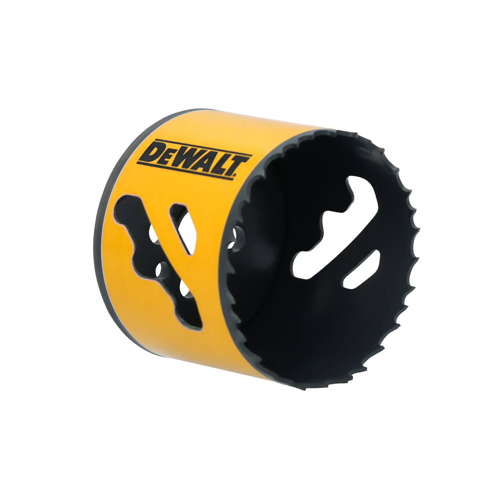DEWALT yellow hole saw with sharp teeth, used for cutting circular holes in various materials.