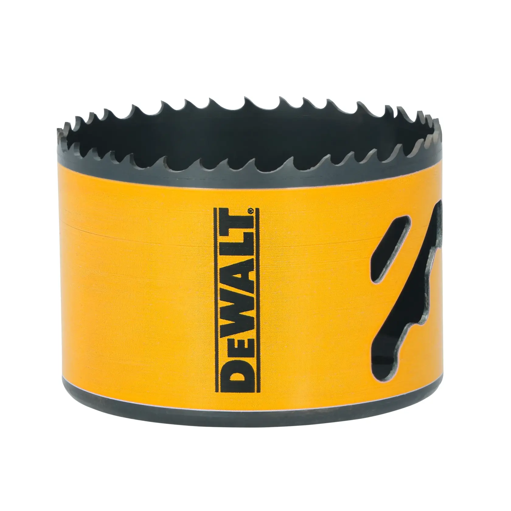 A DEWALT yellow and black hole saw drill bit with sharp teeth, designed for cutting circular holes in materials such as wood or metal.
