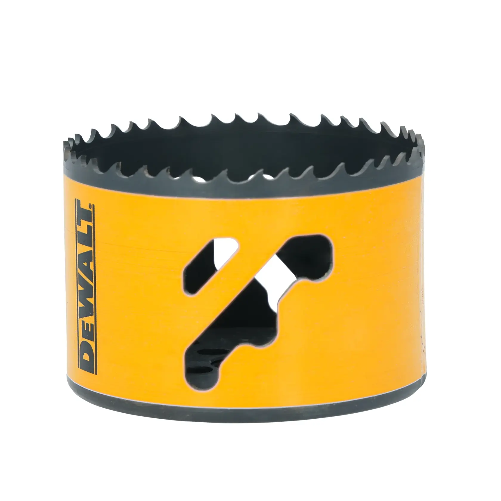 Close-up image of a DEWALT branded hole saw with a yellow body and sharp teeth edge, used for cutting holes in materials.
