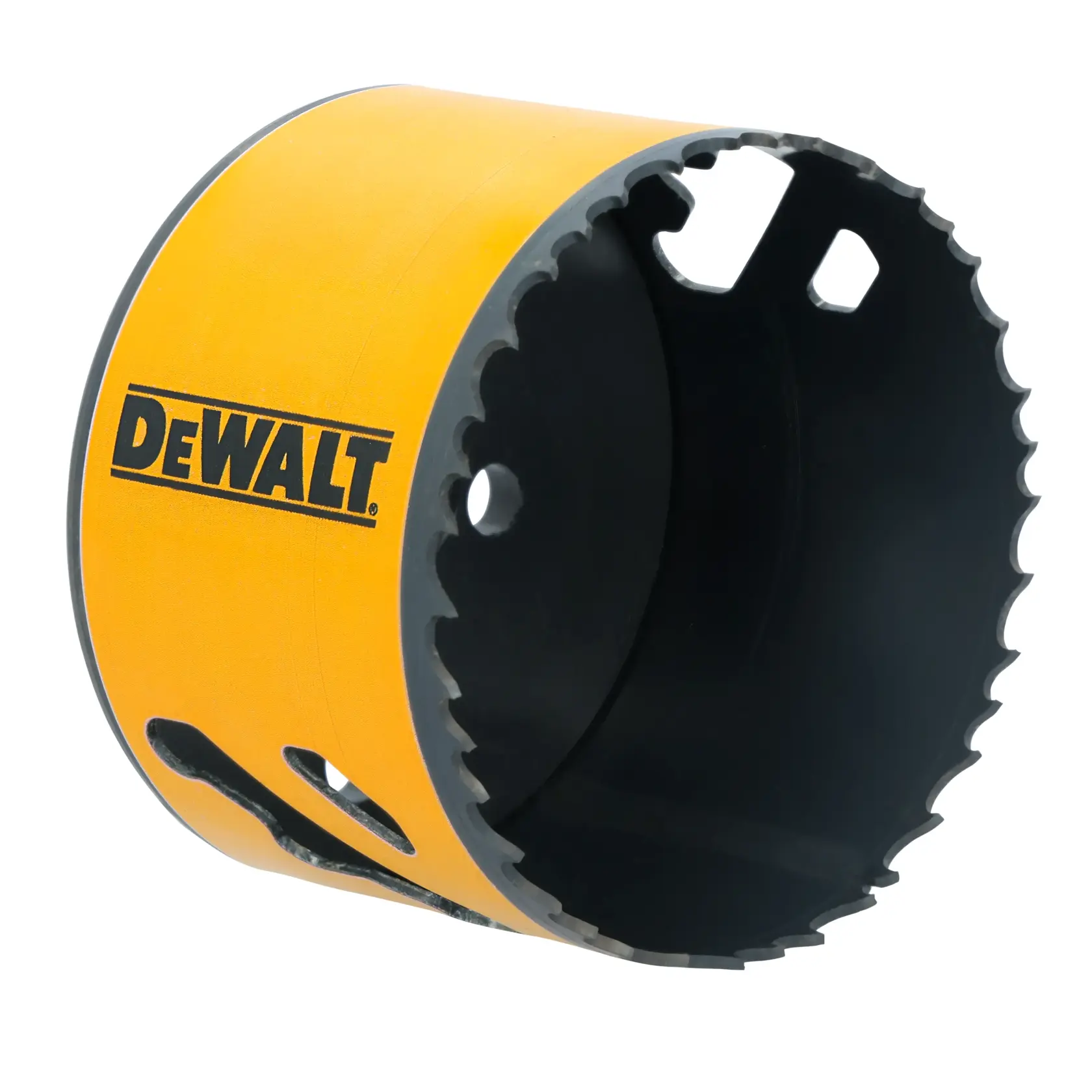 A close-up image of a DEWALT branded yellow and black hole saw drill bit with sharp teeth, used for cutting precise holes in materials.