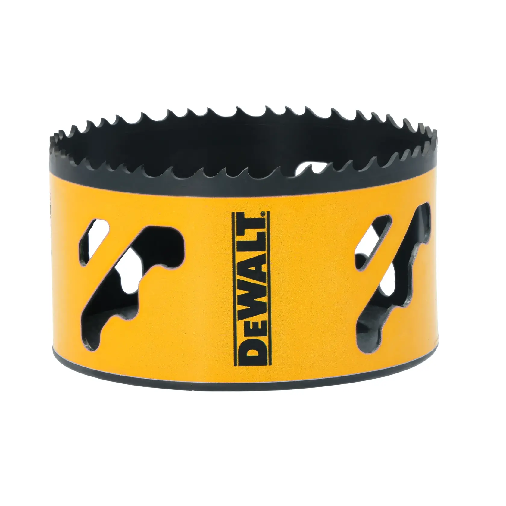 A DEWALT branded yellow and black hole saw drill bit, designed for cutting circular holes in materials.
