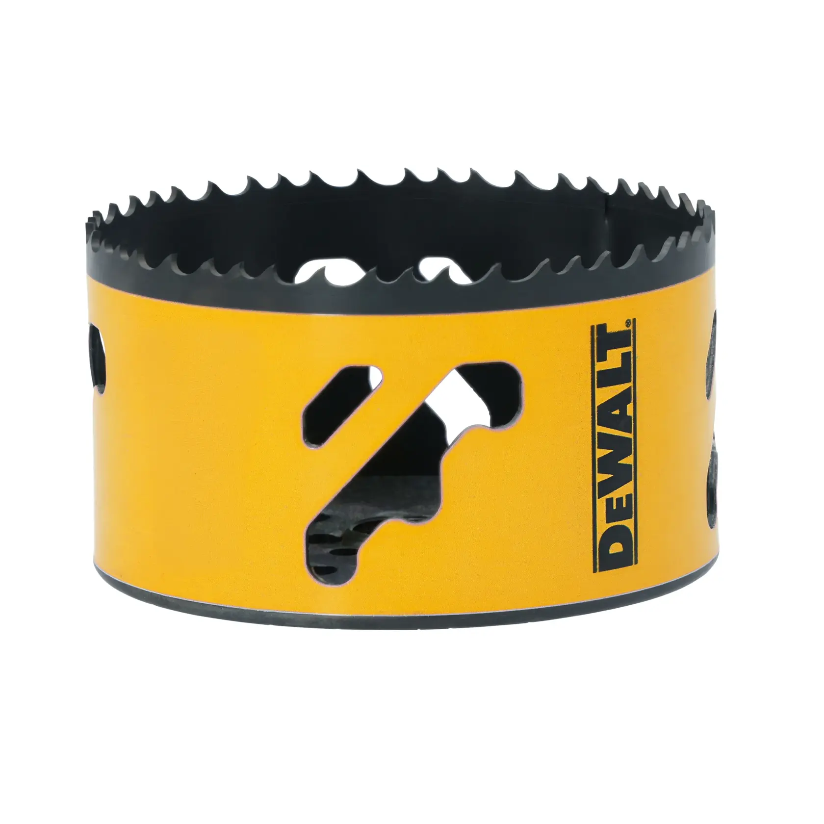 A DEWALT yellow and black bi-metal hole saw with jagged cutting teeth and ventilation holes, used for cutting precise holes in materials like wood and metal.