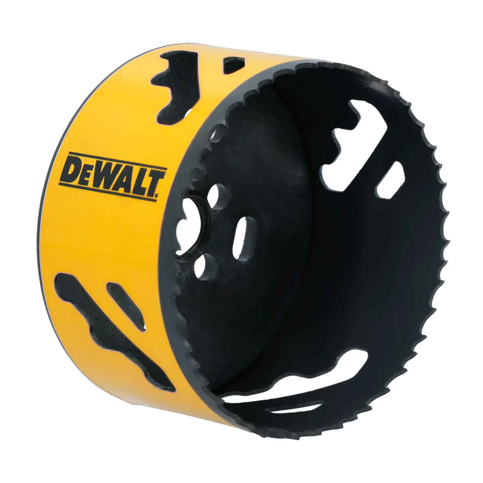 A yellow DEWALT hole saw drill accessory with sharp teeth on its circular edge, designed for cutting holes in various materials.