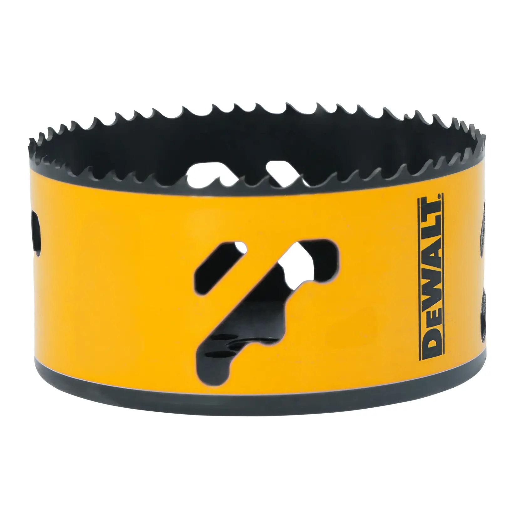 A yellow DEWALT branded hole saw with sharp teeth and side openings, used for cutting large round holes in materials like wood or metal.