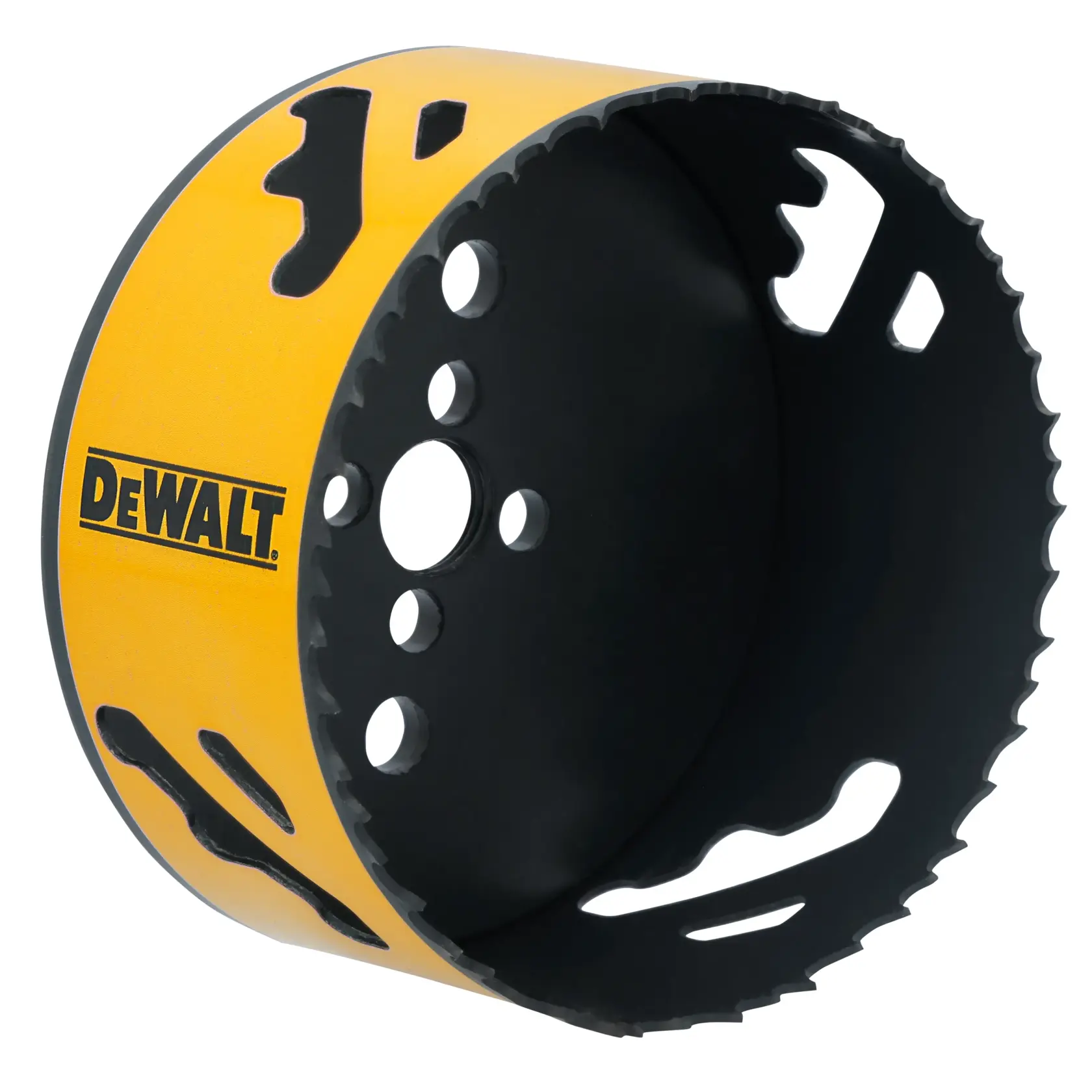 A close-up image of a DEWALT branded hole saw with a yellow outer body and sharp black teeth, used for drilling circular holes in materials.