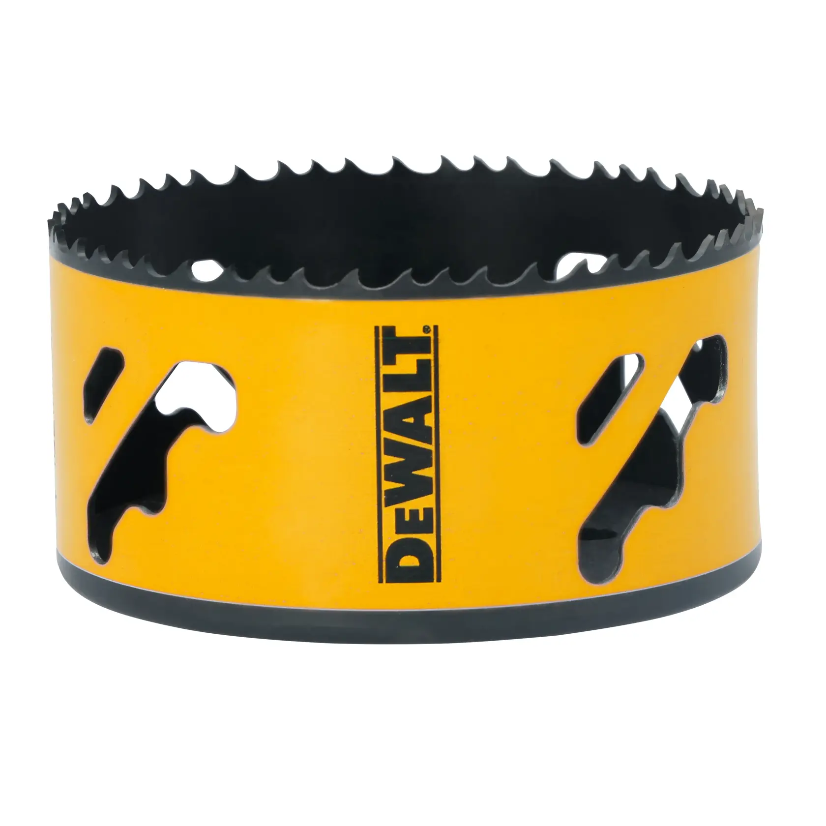 DEWALT yellow hole saw with sharp teeth, used for drilling holes in materials like wood or metal.
