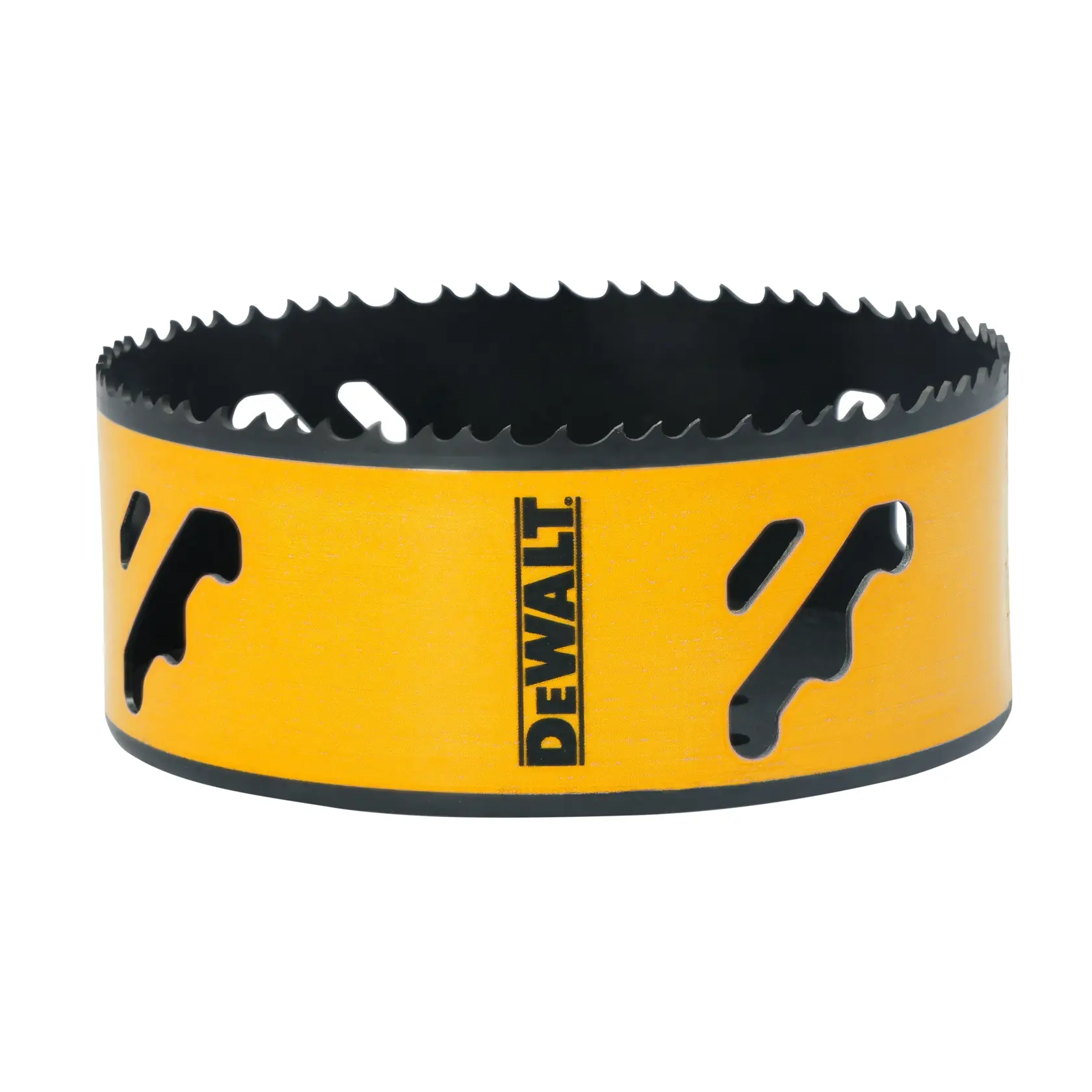 A DEWALT yellow and black hole saw with sharp teeth and ventilation holes, used for cutting precise holes in various materials.