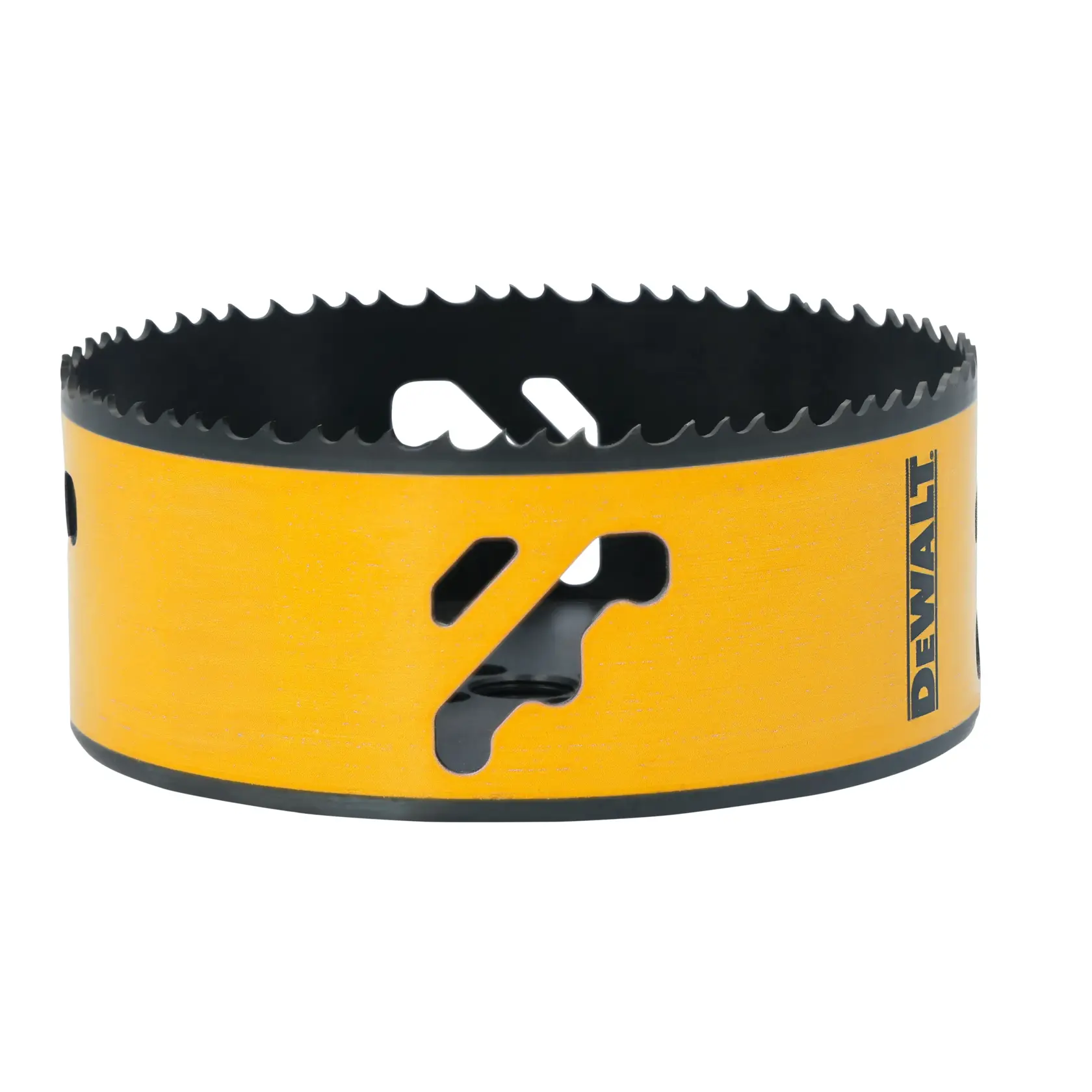A DEWALT branded yellow and black hole saw with jagged cutting teeth on the upper edge, used for drilling large holes in materials such as wood, plastic or metal.