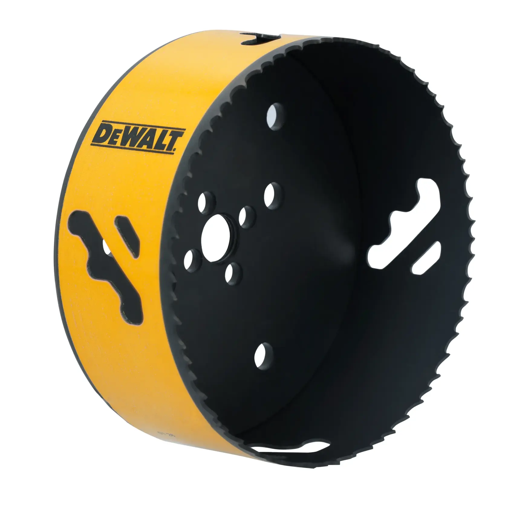 A close-up view of a DEWALT branded hole saw with a yellow cylindrical body and black serrated cutting edge, designed for drilling large circular holes in materials.