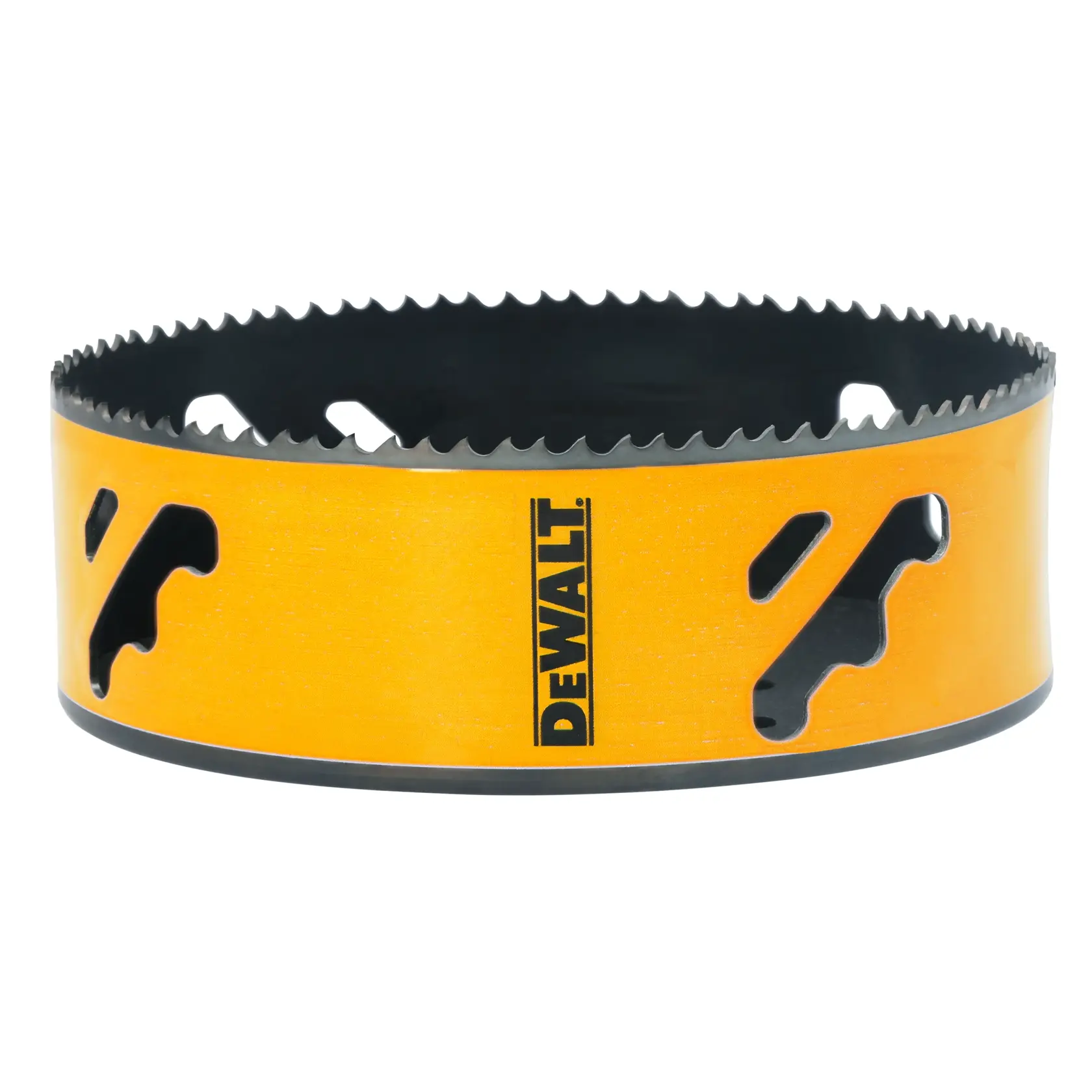 Yellow DEWALT hole saw blade with sharp teeth and ventilation slots, designed for cutting circular holes in materials.